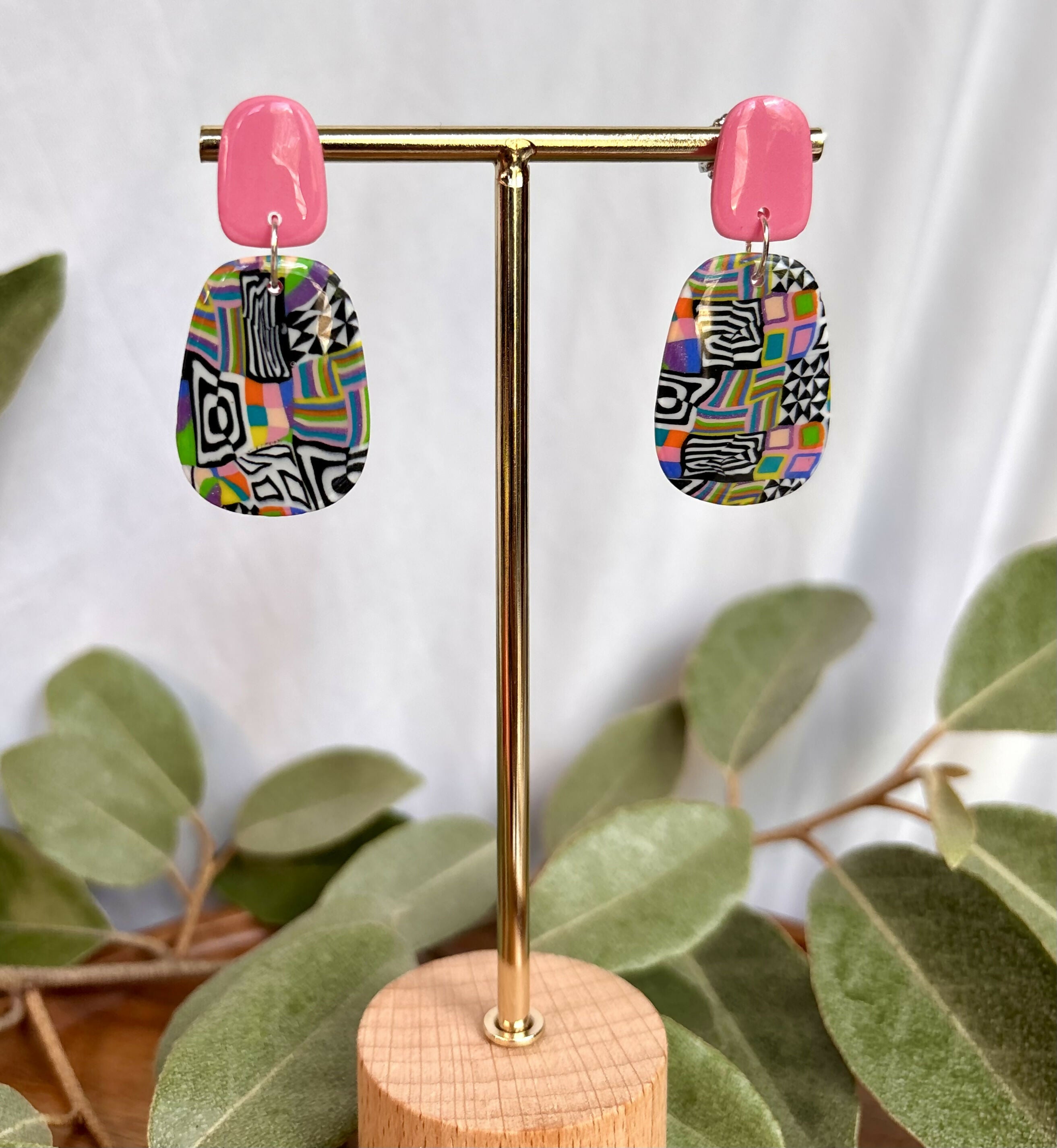 Funky Pattern Collection - Pink Dangle Polymer Clay Earrings