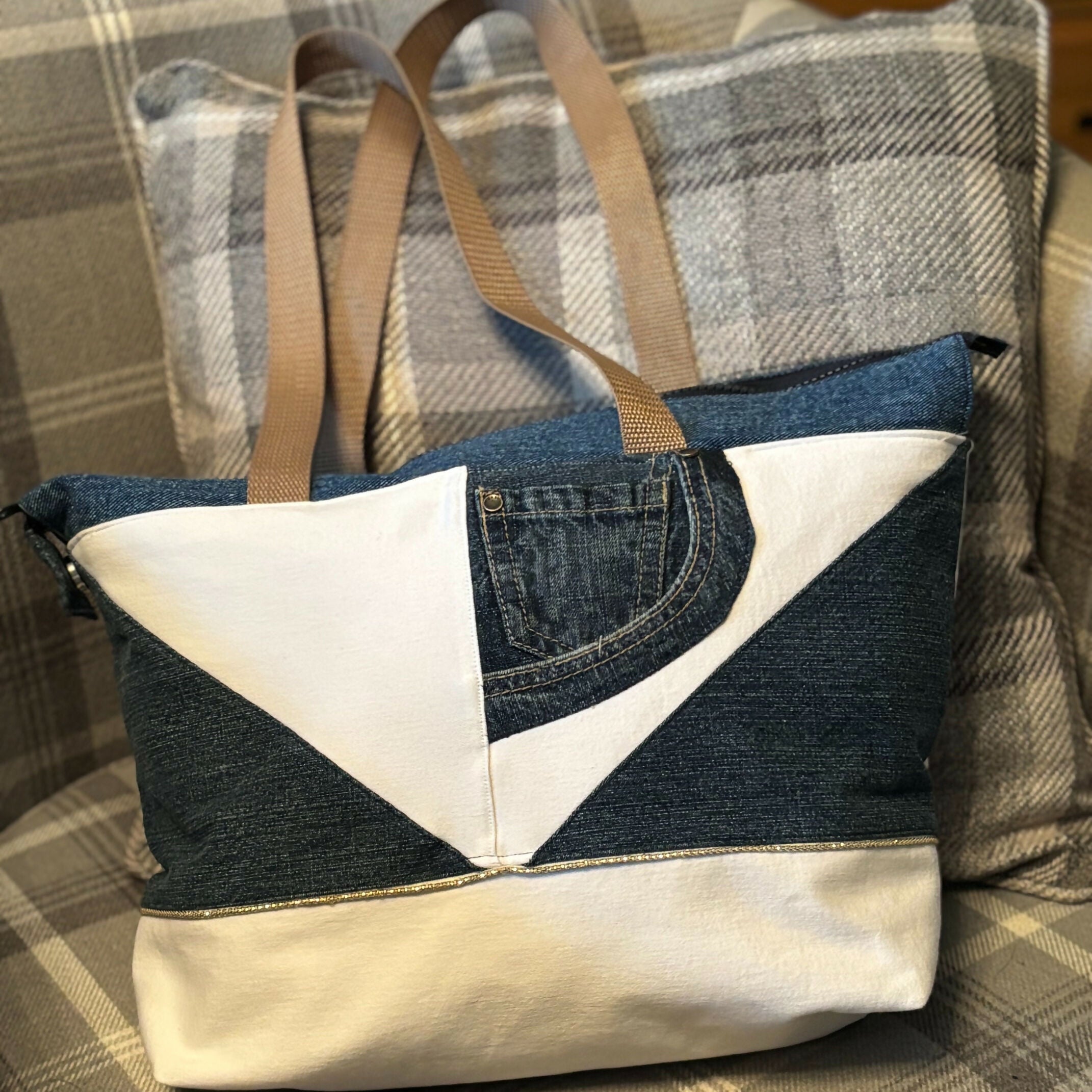 Unique Handcrafted Denim Tote Bag Handbag Made From Upcycled Blue And White Jeans