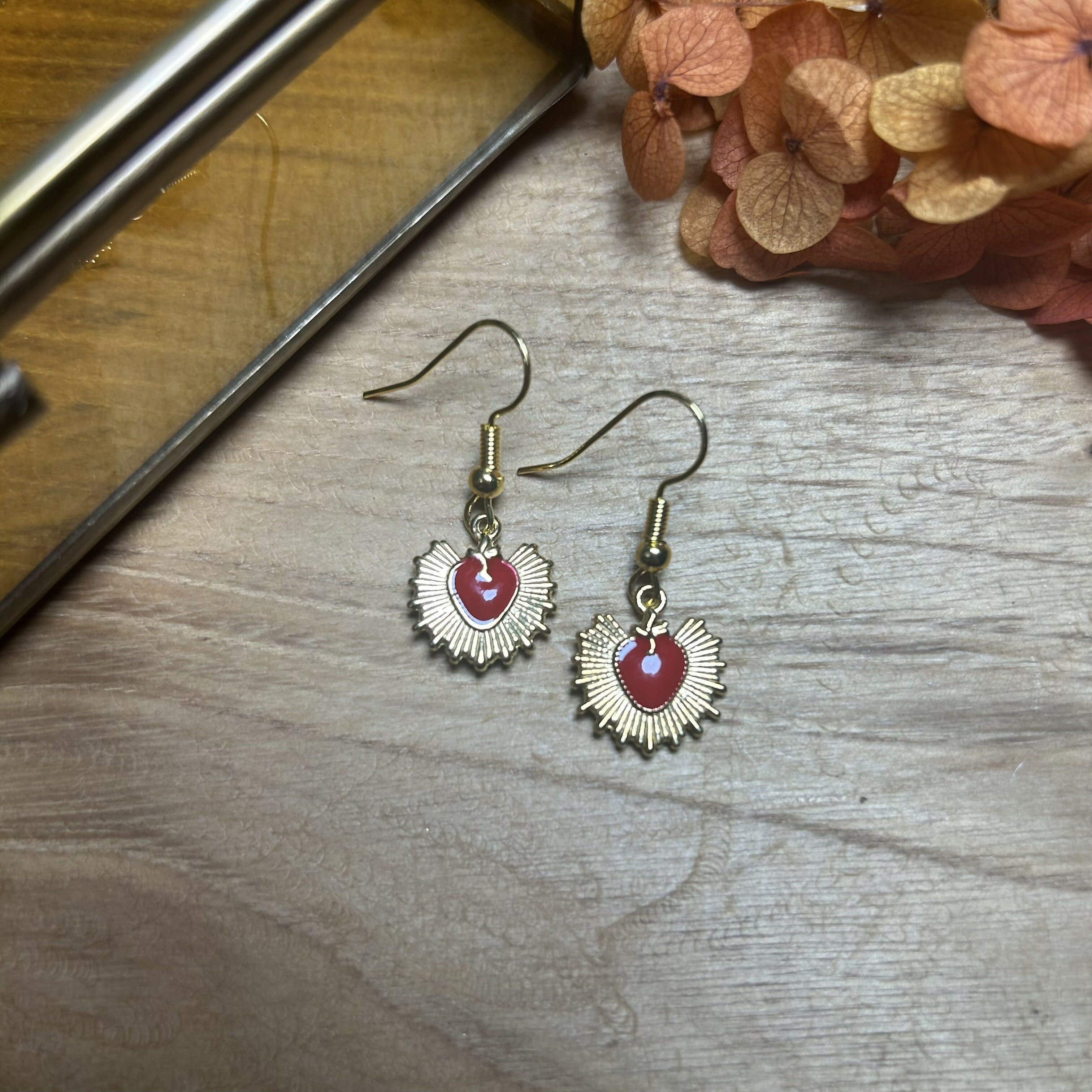Lovely Gold Plated Red Sacred Heart Charm Earrings