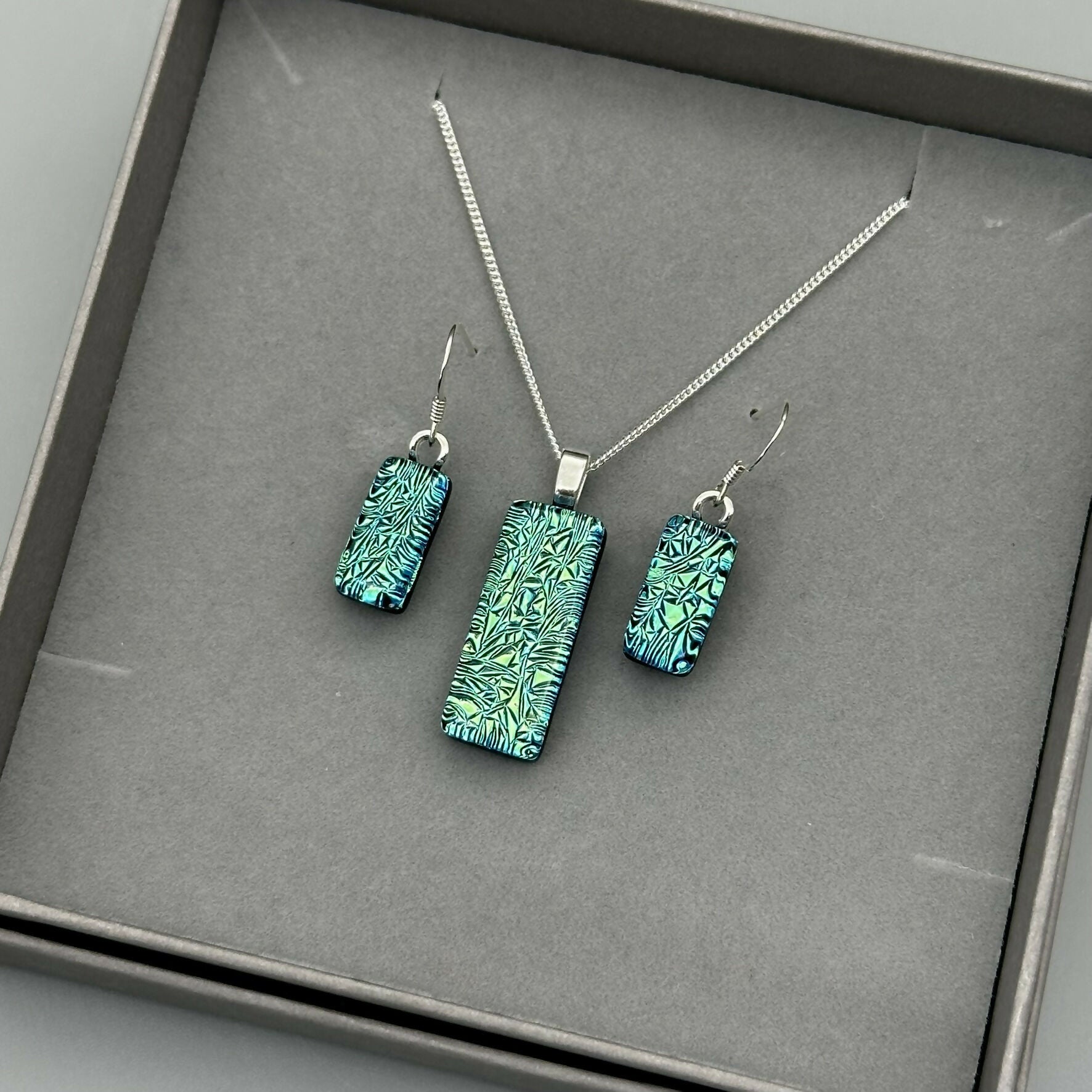 Green & Blue Crackle Dichroic Glass Necklace and Earrings Set - Sterling Silver, Handmade by Jade Tapson Glass