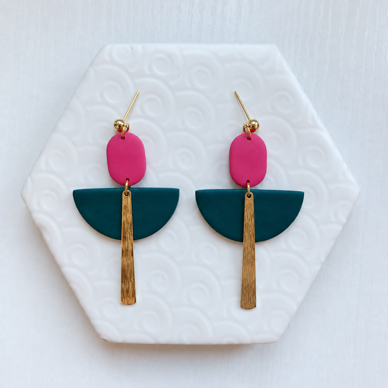 Flame Pink & Teal Polymer Clay & Gold Geometric Drop Statement Earrings