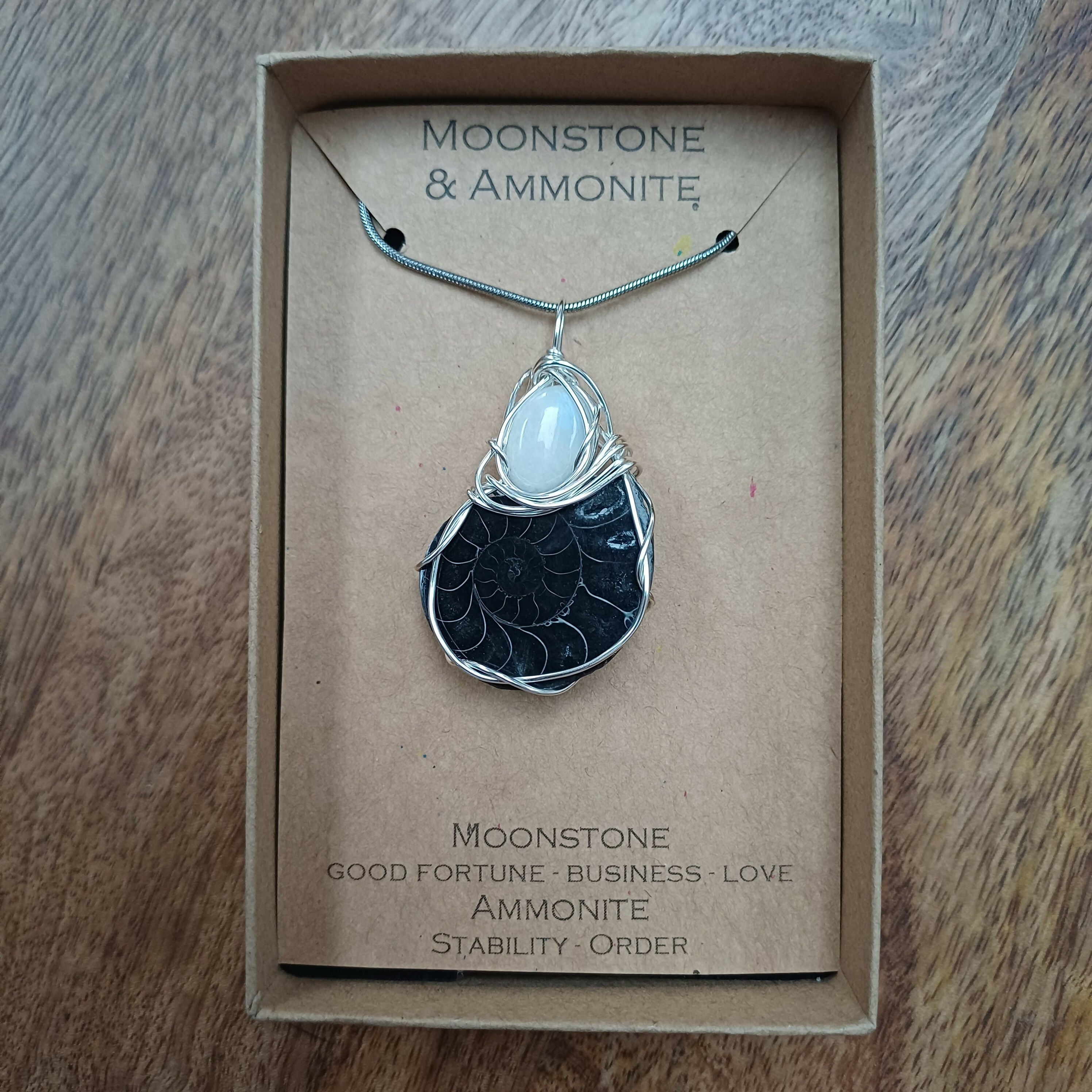 Moonstone and Ammonite Wire Wrapped Pendant