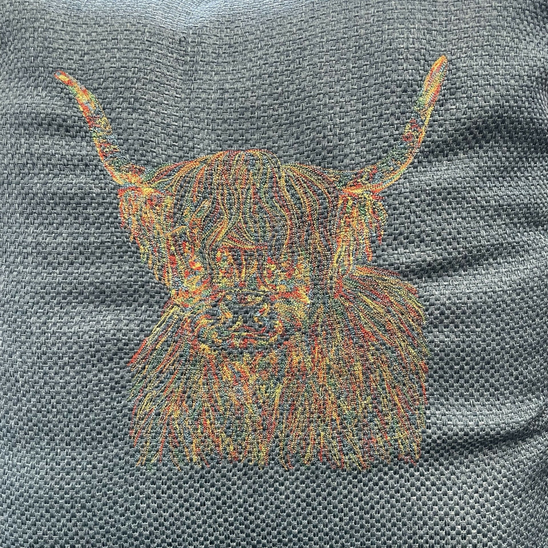 Highland Cow Embroidered Scatter Cushion in Teal