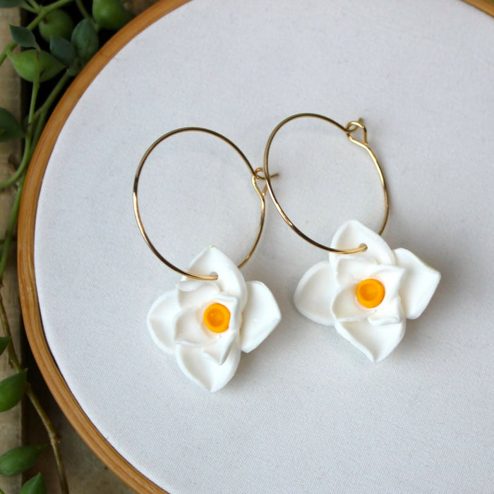 White Flower 3D Hoop Earrings