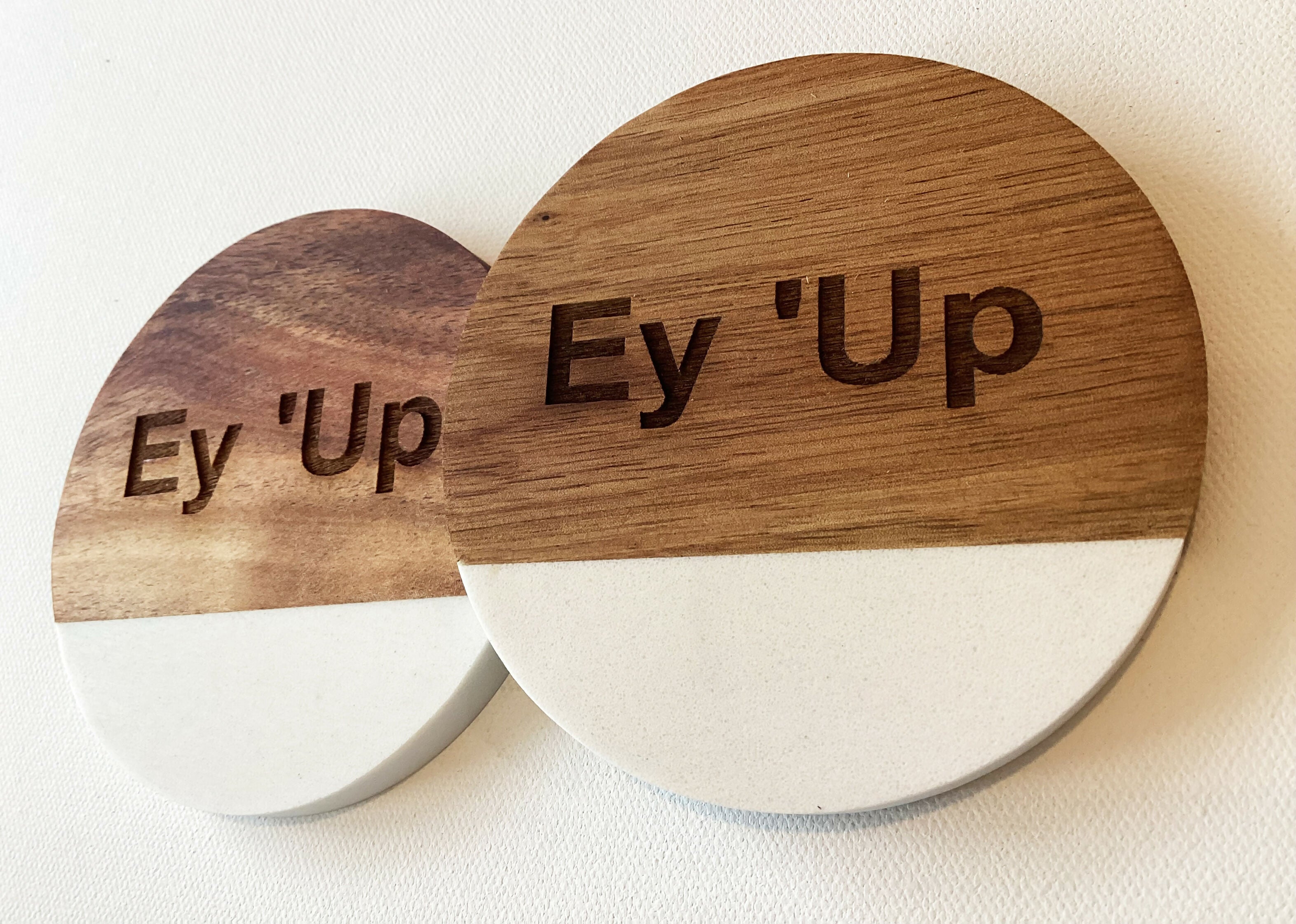 Marble & Acacia Coaster Engraved with Yorkshire Saying - Ey 'Up