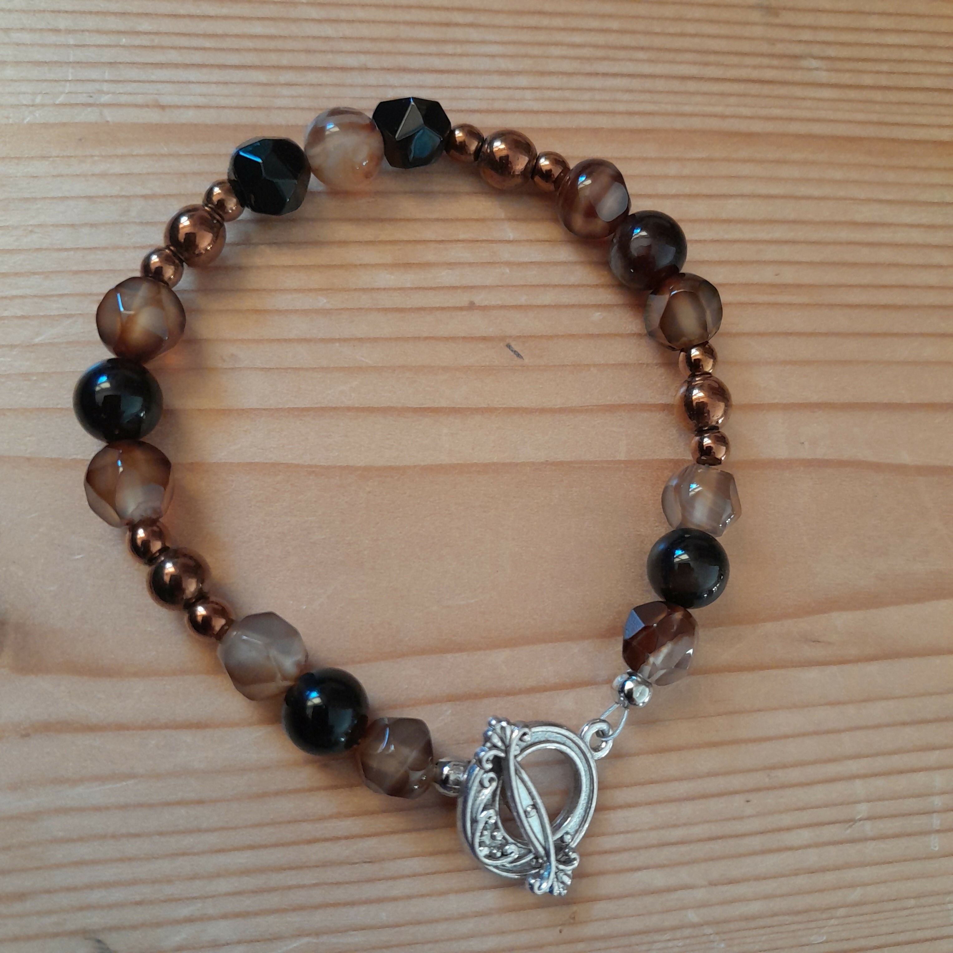 Tibetan Silver Toggle Catch Bracelet with Faceted Smokey Quartz, Brown Quartz & Copper Hematite.