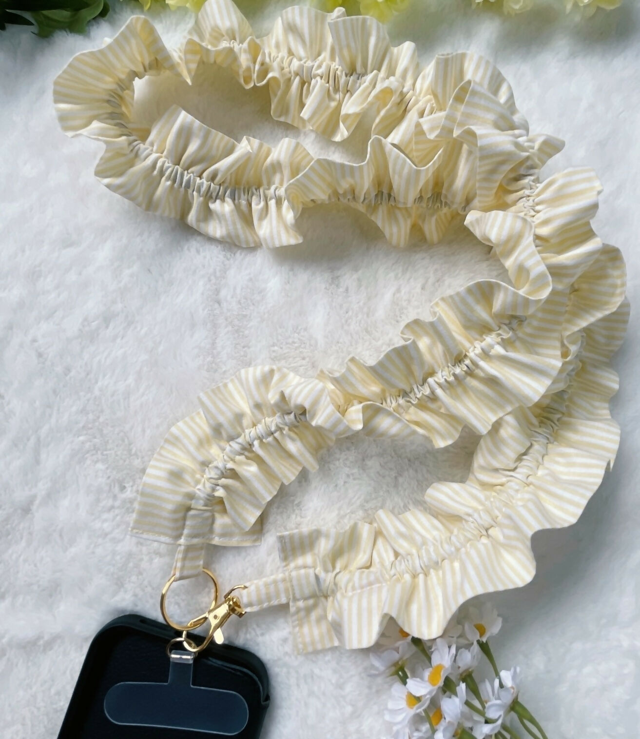 Handmade Ruffled Crossbody Phone Strap Yellow Stripe