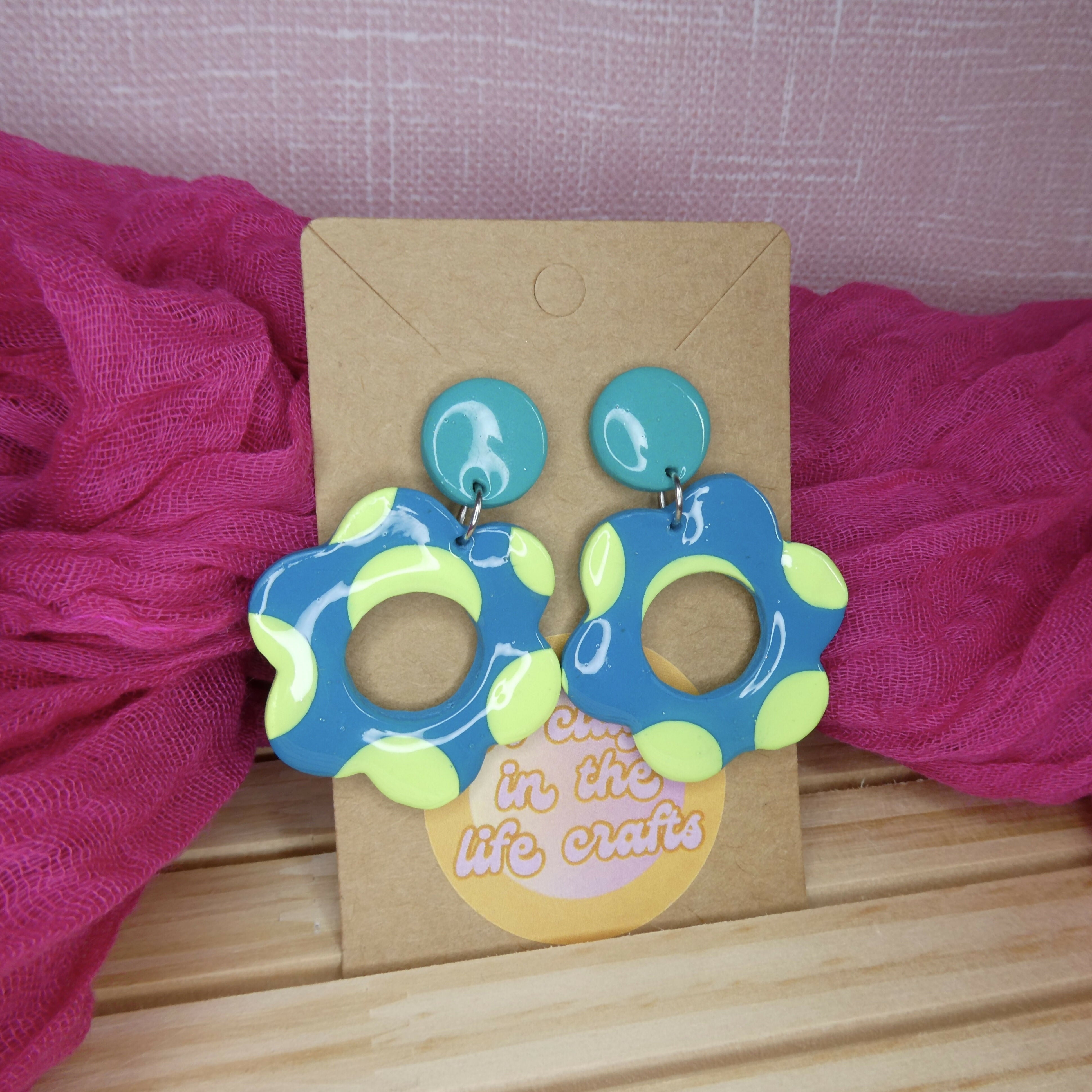 Turquoise And Lime Green Polka Dot Flower Polymer Clay Earrings