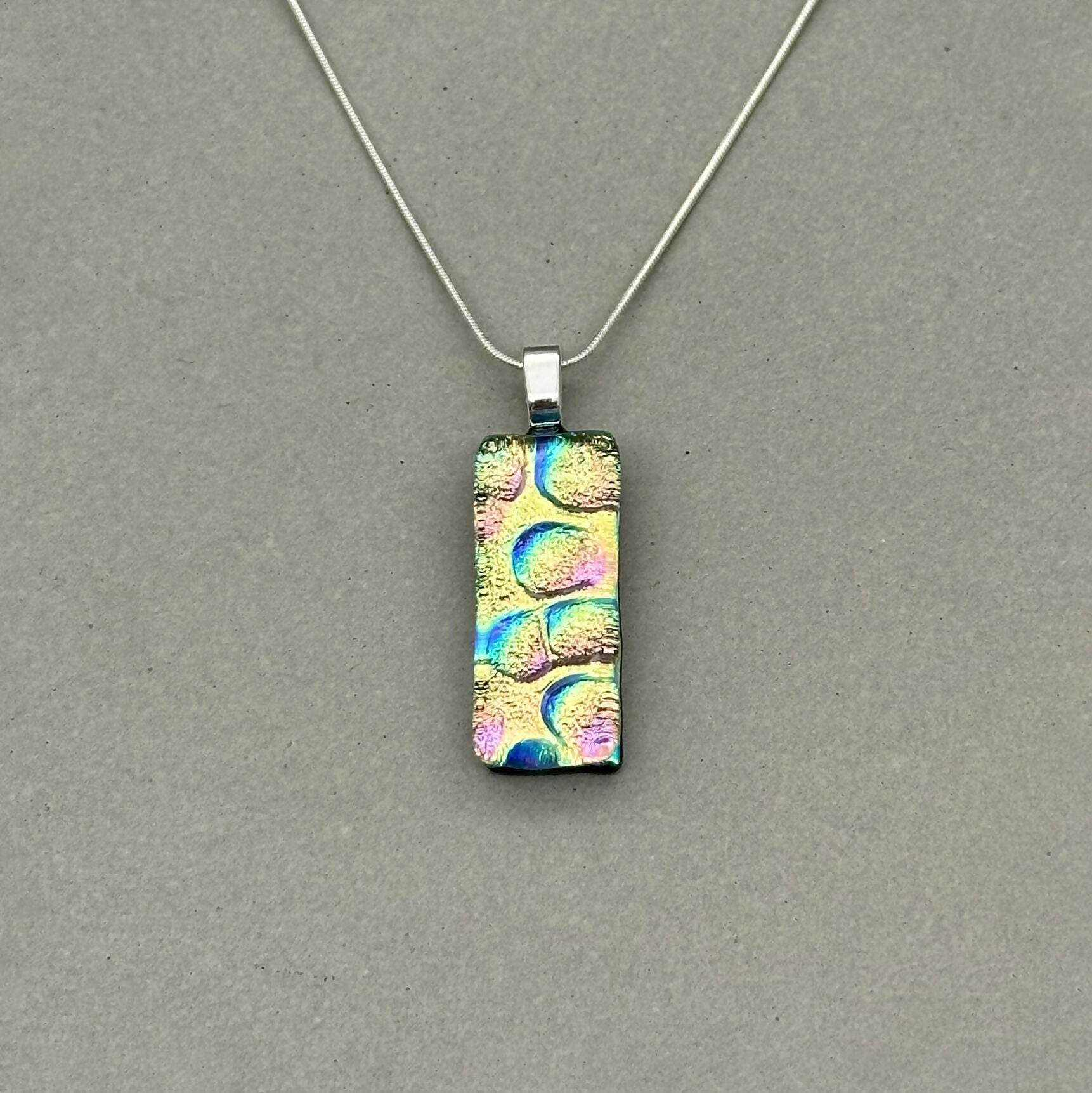 Yellow & Pink Bubble Dichroic Fused Glass Pendant with Silver Plated Chain - Handmade by Jade Tapson Glass.