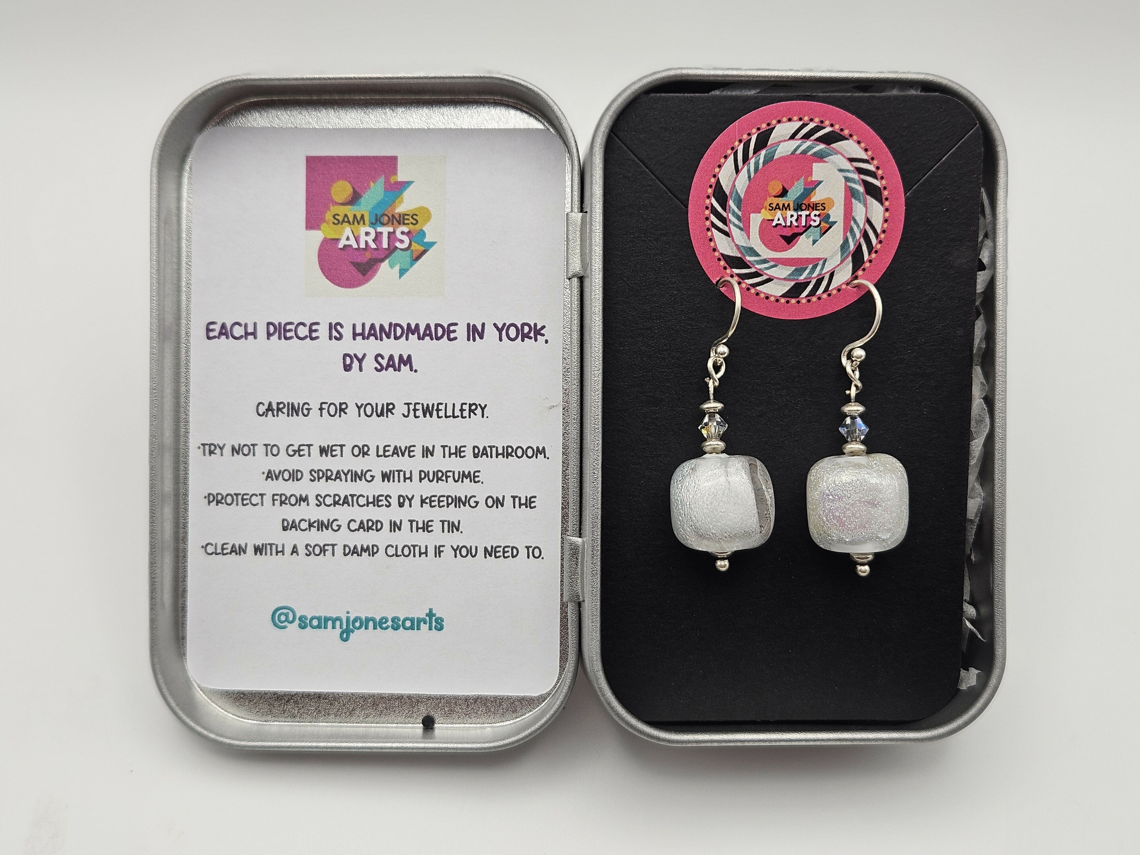 HAND LAMPWORKED GLASS CUBE EARRINGS, WITH DICHROIC GLASS,STERLING SILVER AND SWAROVSKI CRYSTALS.