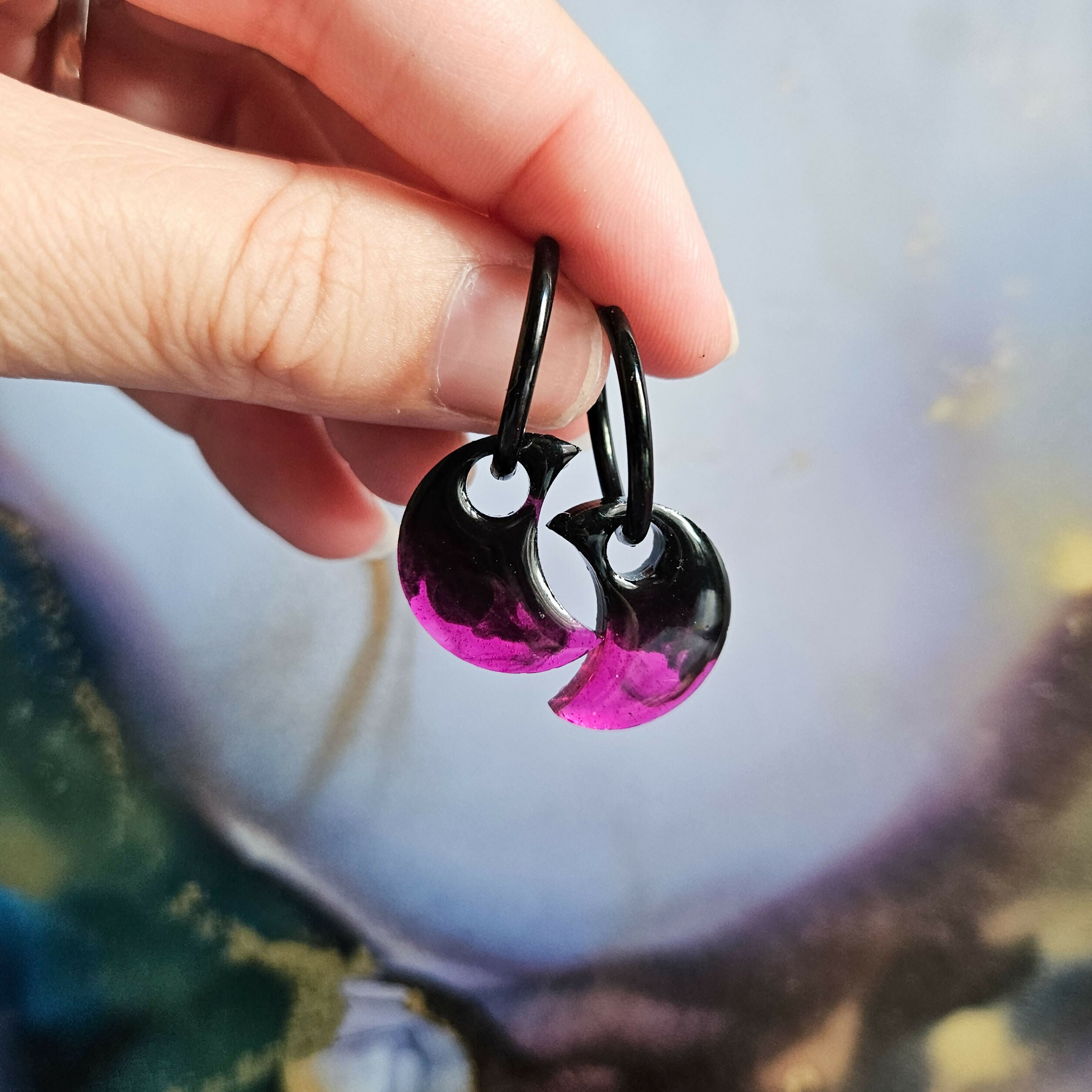 Handmade Black Pink Moon Resin Charms On Black Hoops