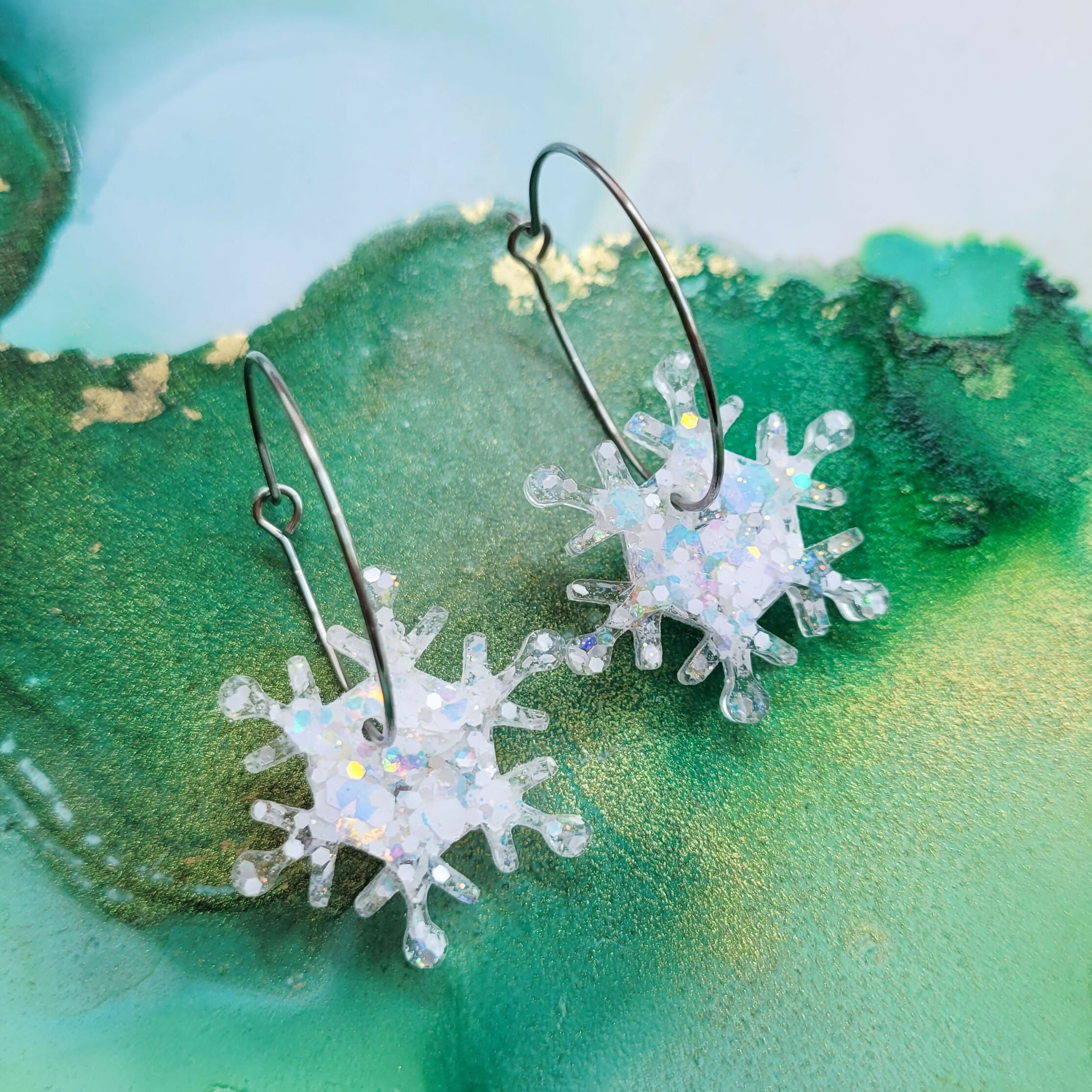 Handmade Resin Glitter Snowflakes Christmas Hoops Earrings