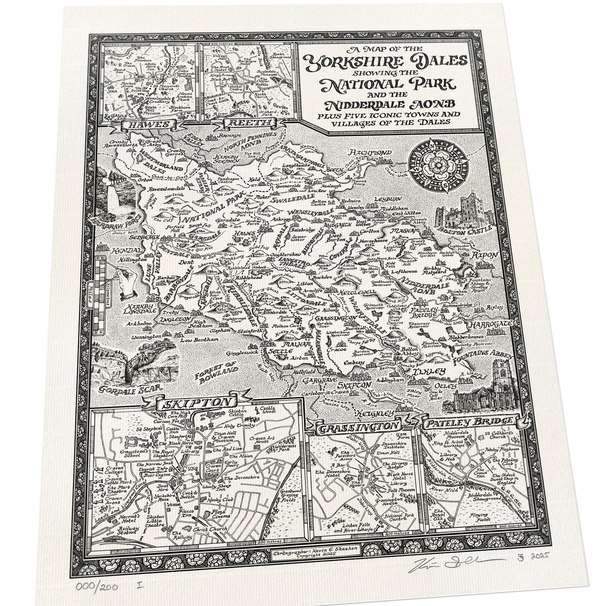 Yorkshire Dales Map Hand Drawn Fine Art Print