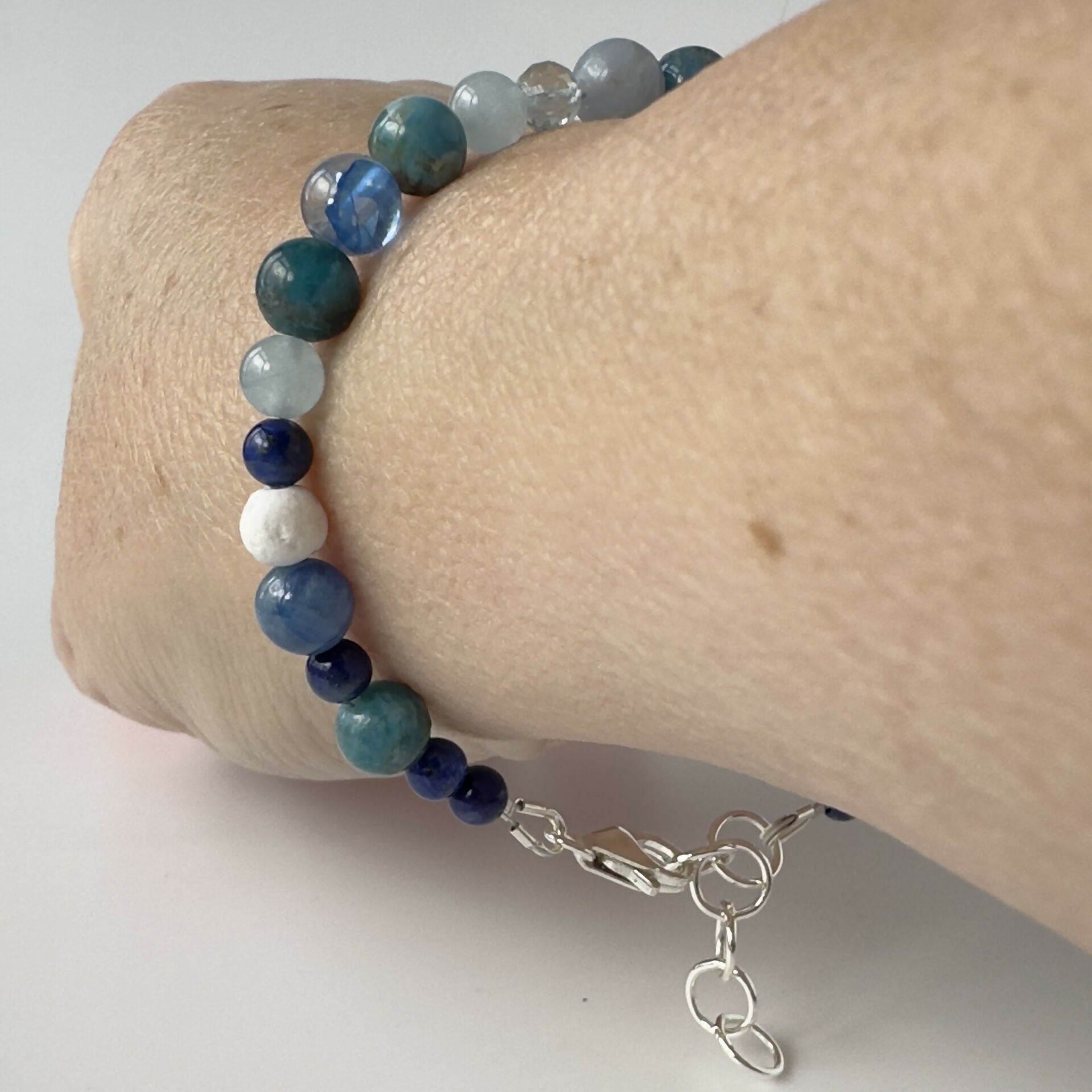 HEALING CRYSTAL & STERLING SILVER THROAT CHAKRA BRACELET WITH AROMATHERAPY BEADS