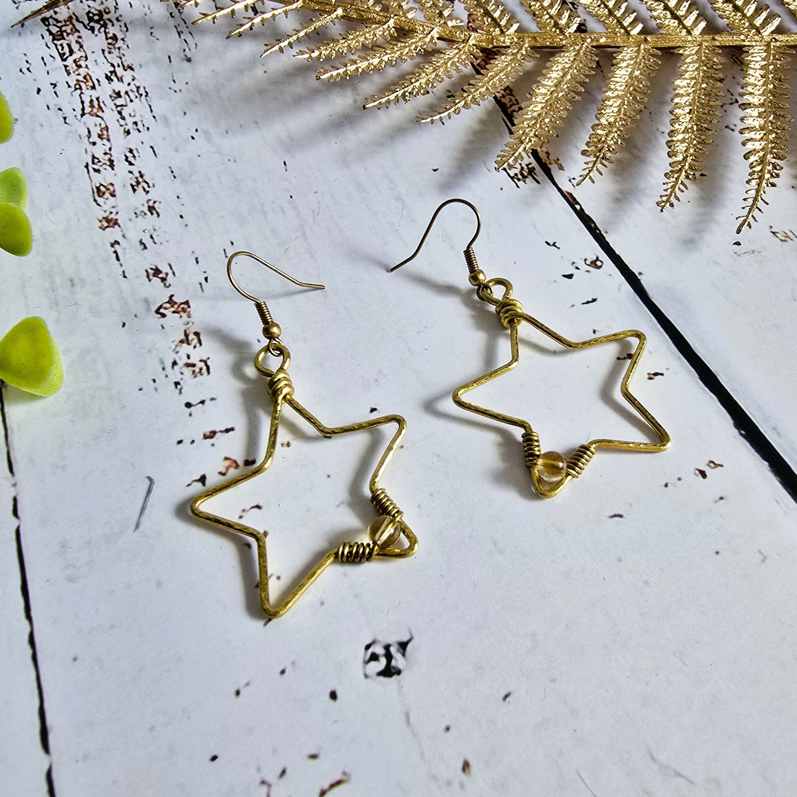 Citrine Star Gemstone Earrings; Delicate Gold Wire Bohemian Earrings With Crystal Sparkle