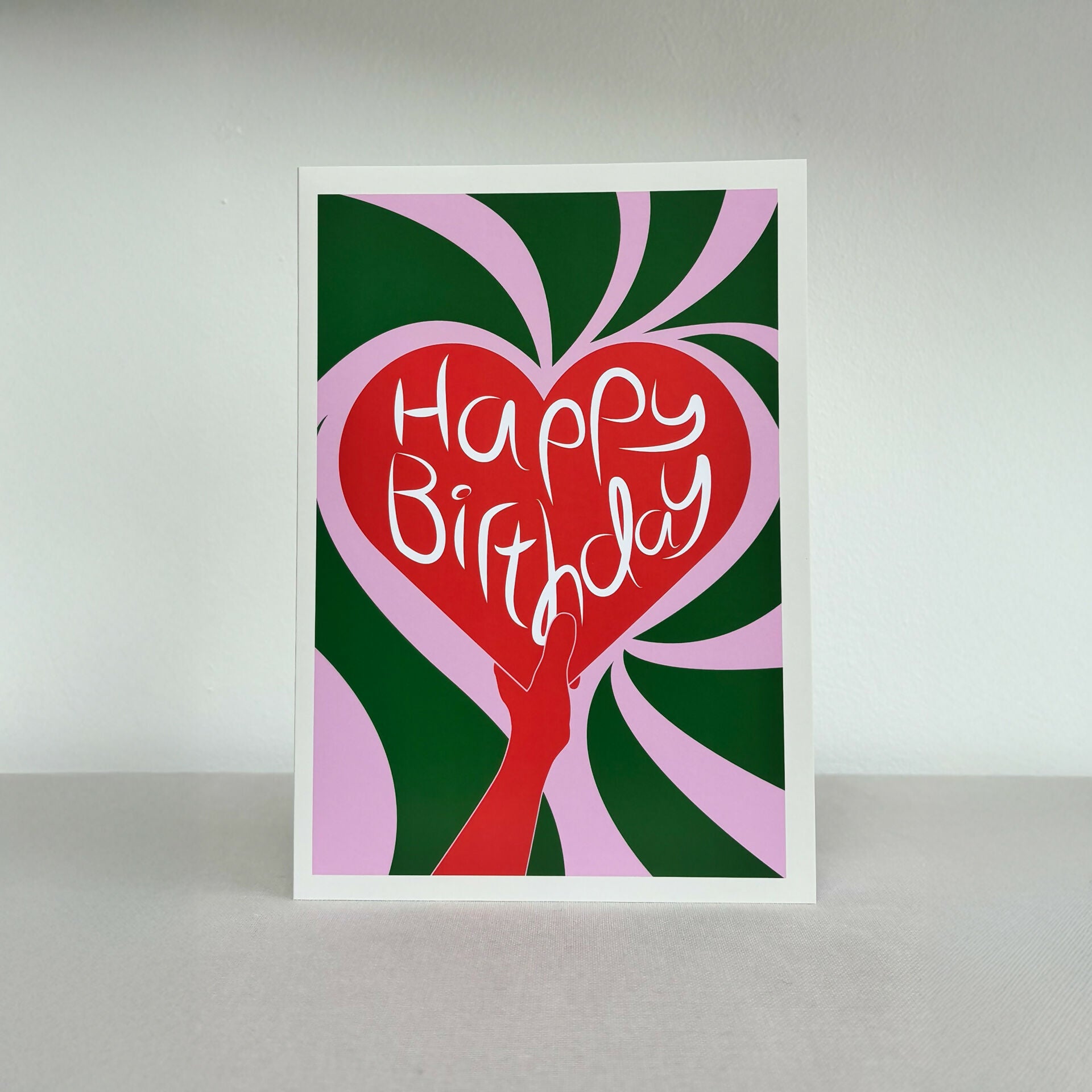 Happy Birthday Card - Green, Light Pink and Red Heart Design
