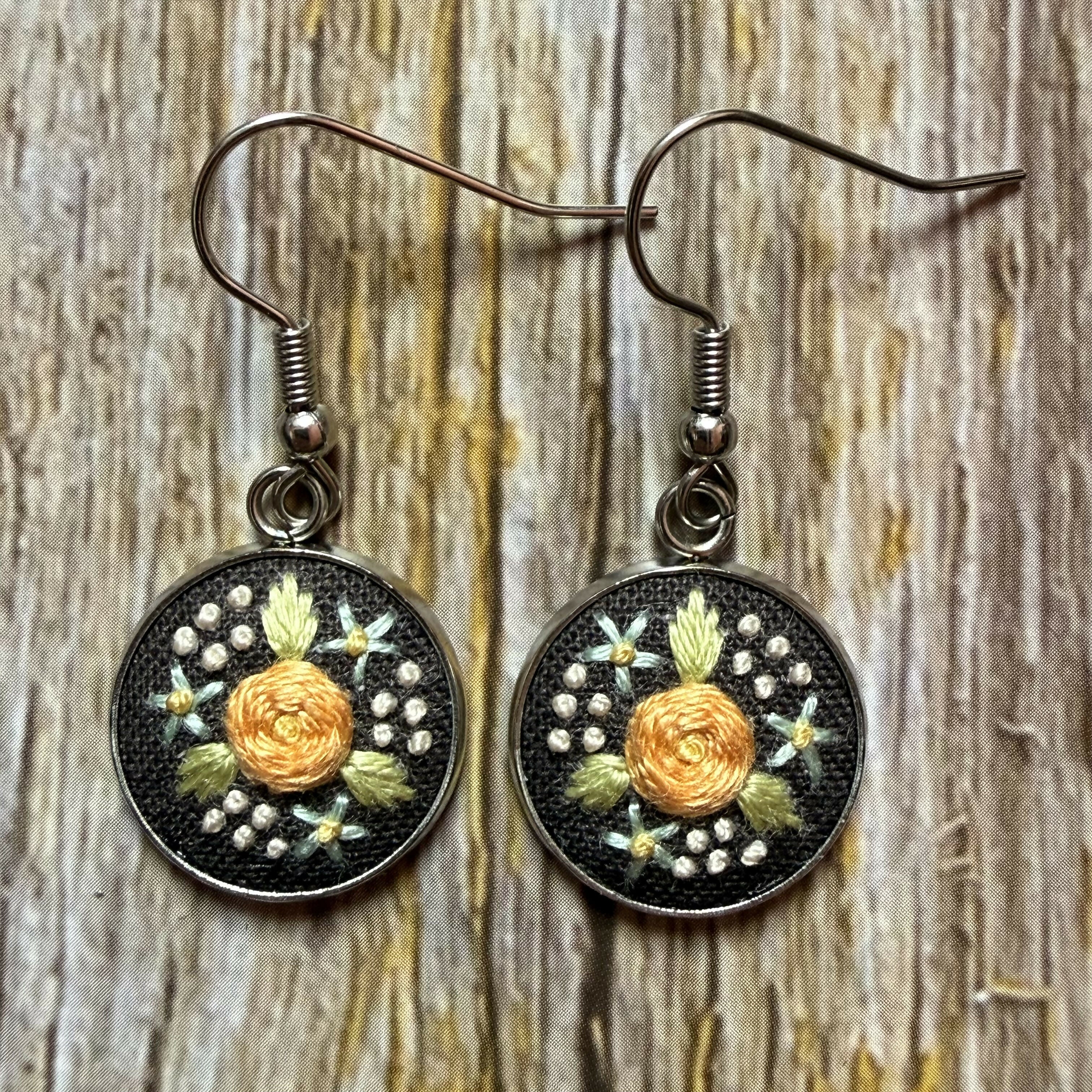 Hand Embroidered Brown Floral Earrings
