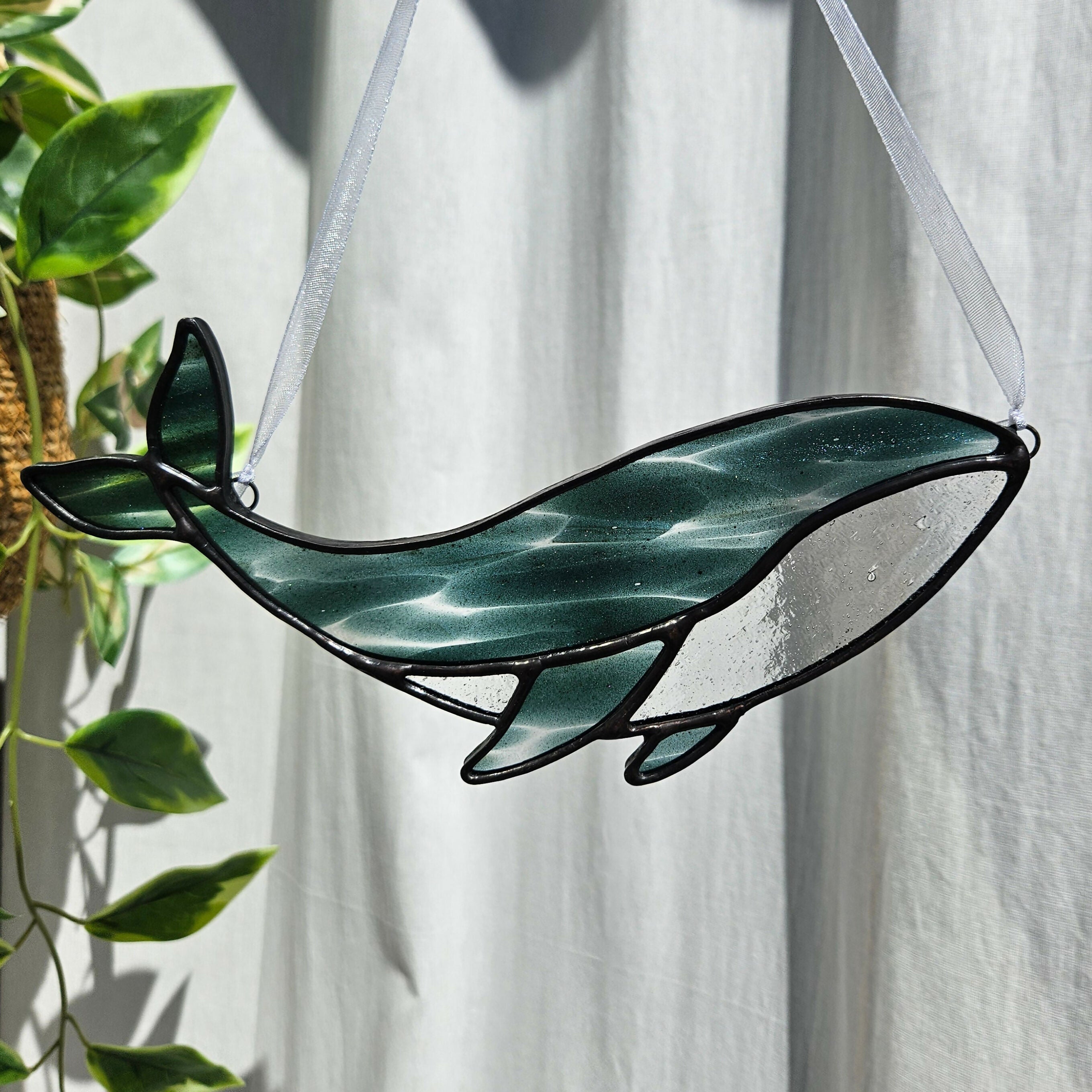 Streaky Blue-Green Whale Stained Glass Suncatcher