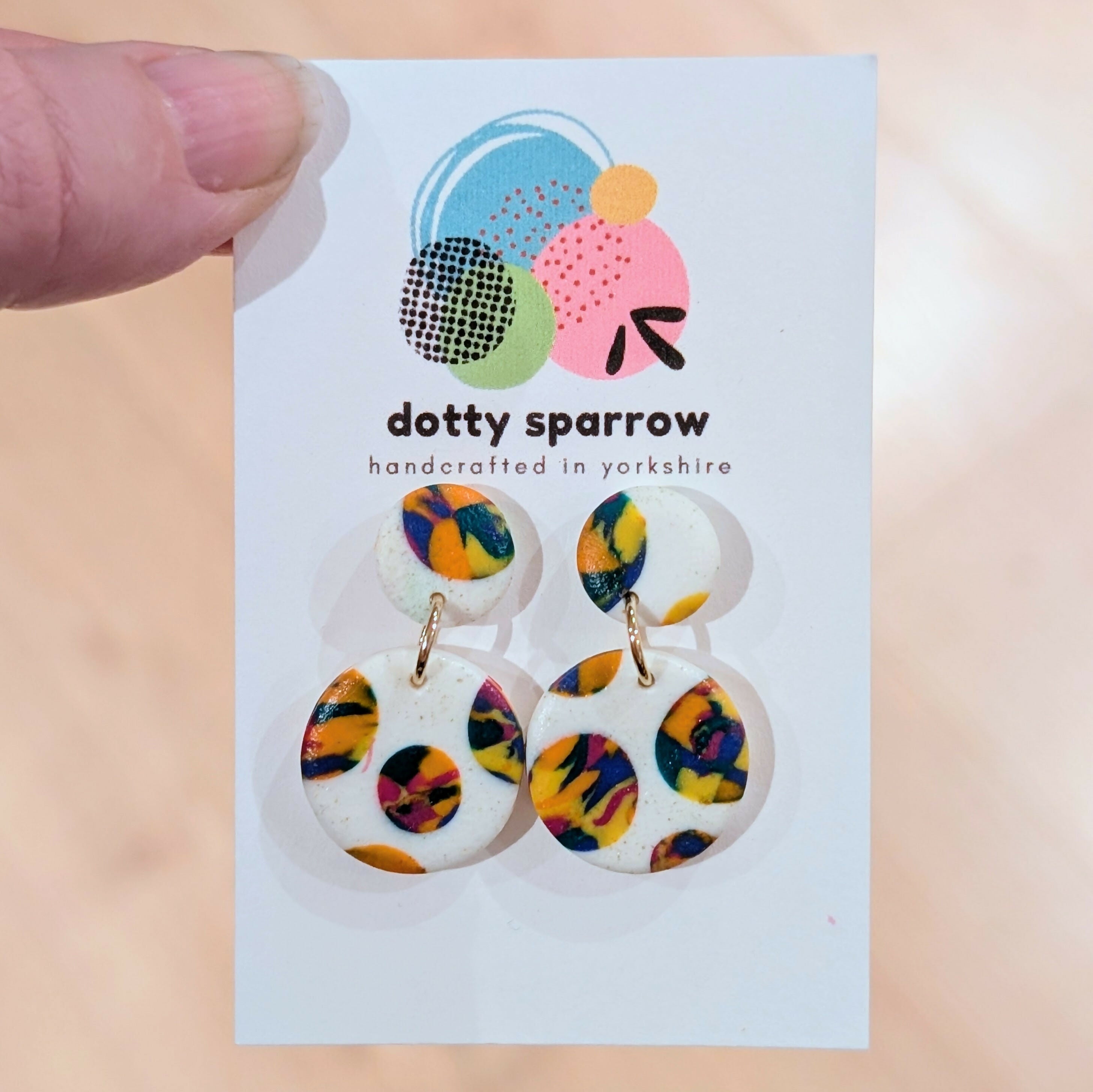 White with Rainbow Marbles Drop Dangle Handmade Polhymer Clay Earrings