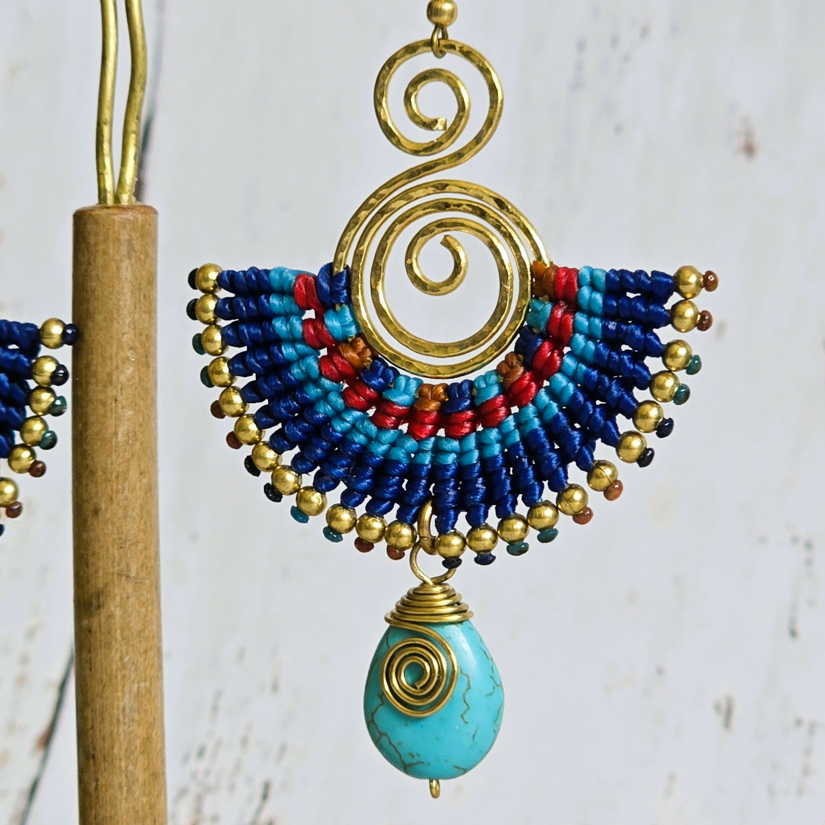 Turquoise Crystal Macramé Earrings; Blue Boho Earrings With Gold Spiral Wire Art