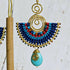 Turquoise Crystal Macramé Earrings; Blue Boho Earrings With Gold Spiral Wire Art