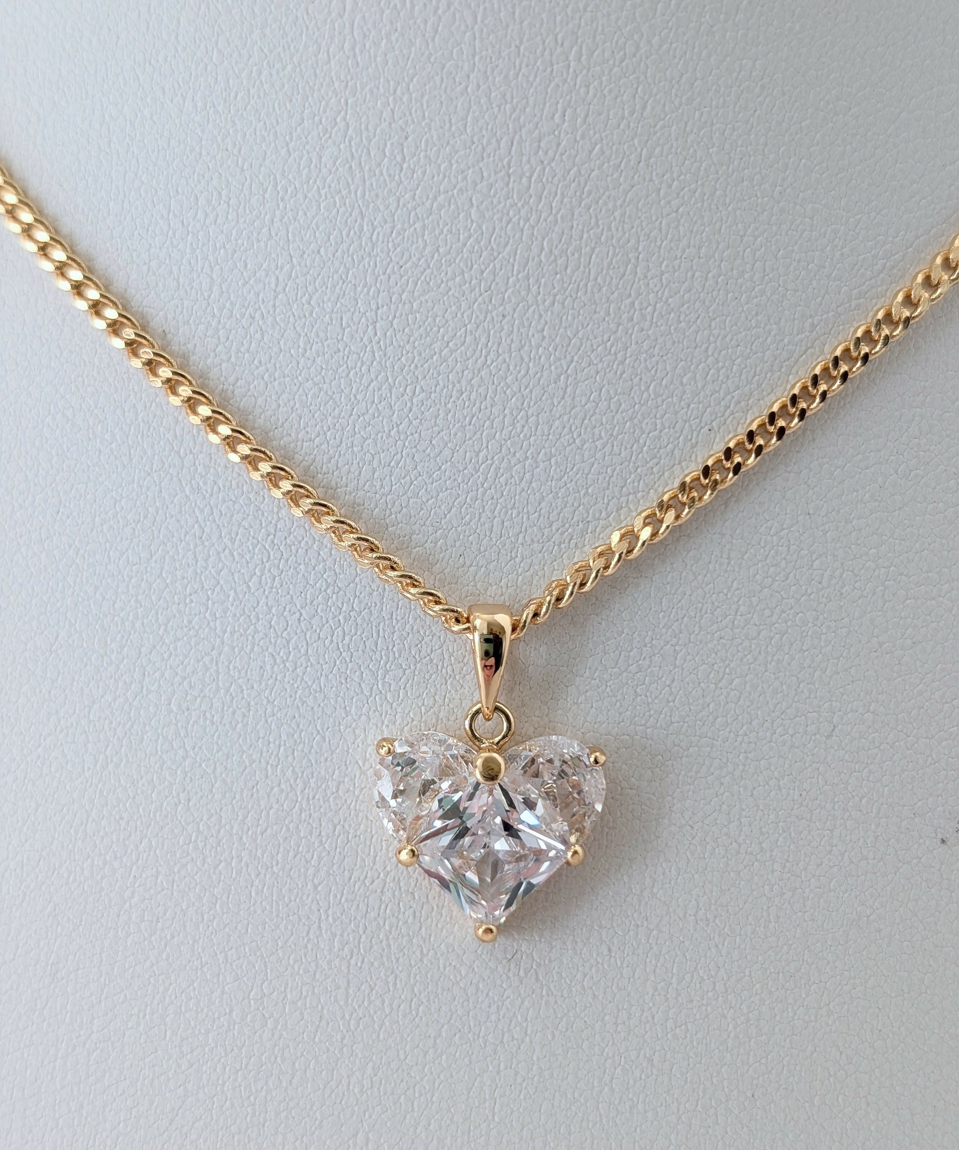 Clear Cubic Zirconia Heart Charm Necklace on a Gold Plated Chain