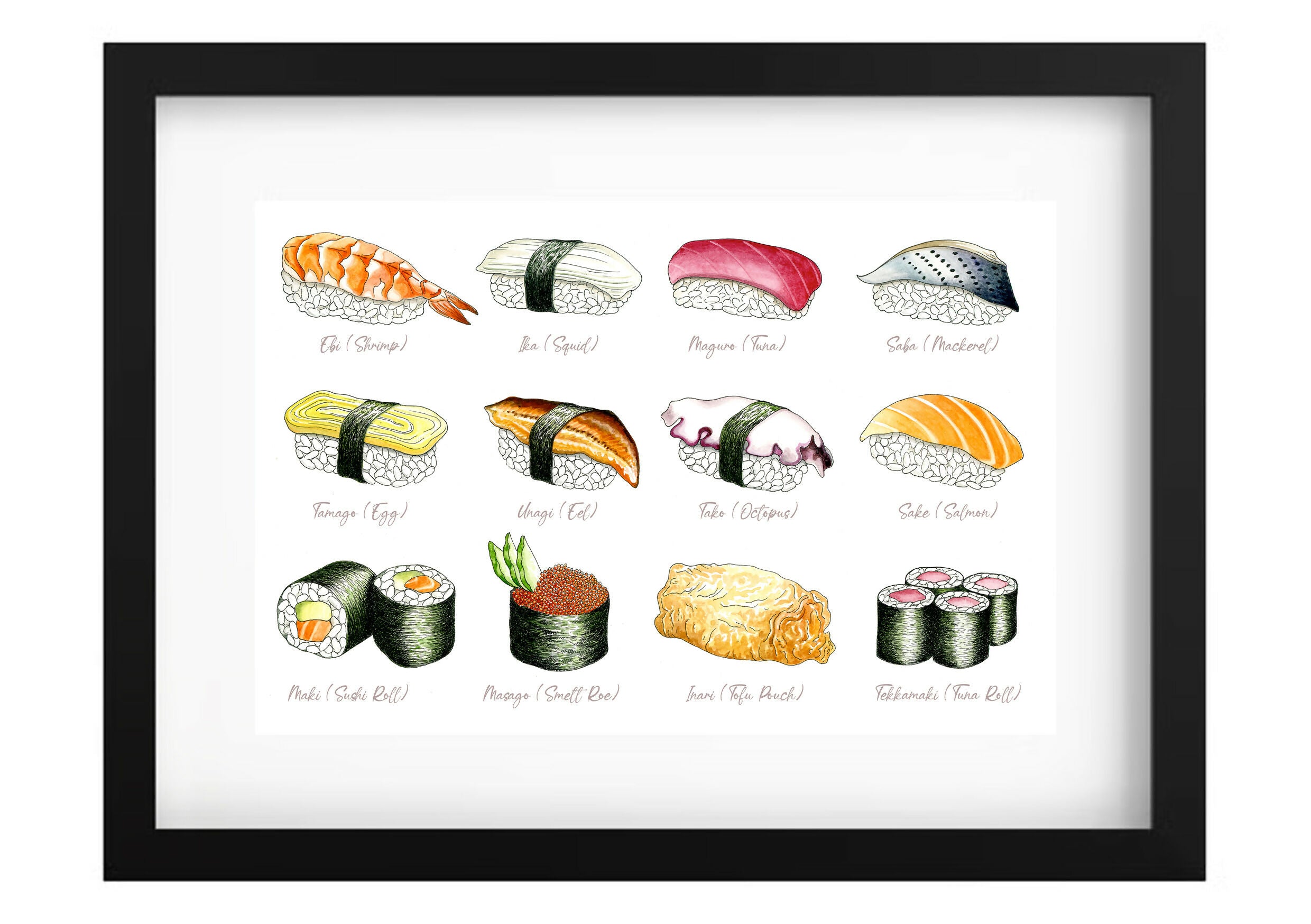 Framed Sushi Illustration in a Black Frame