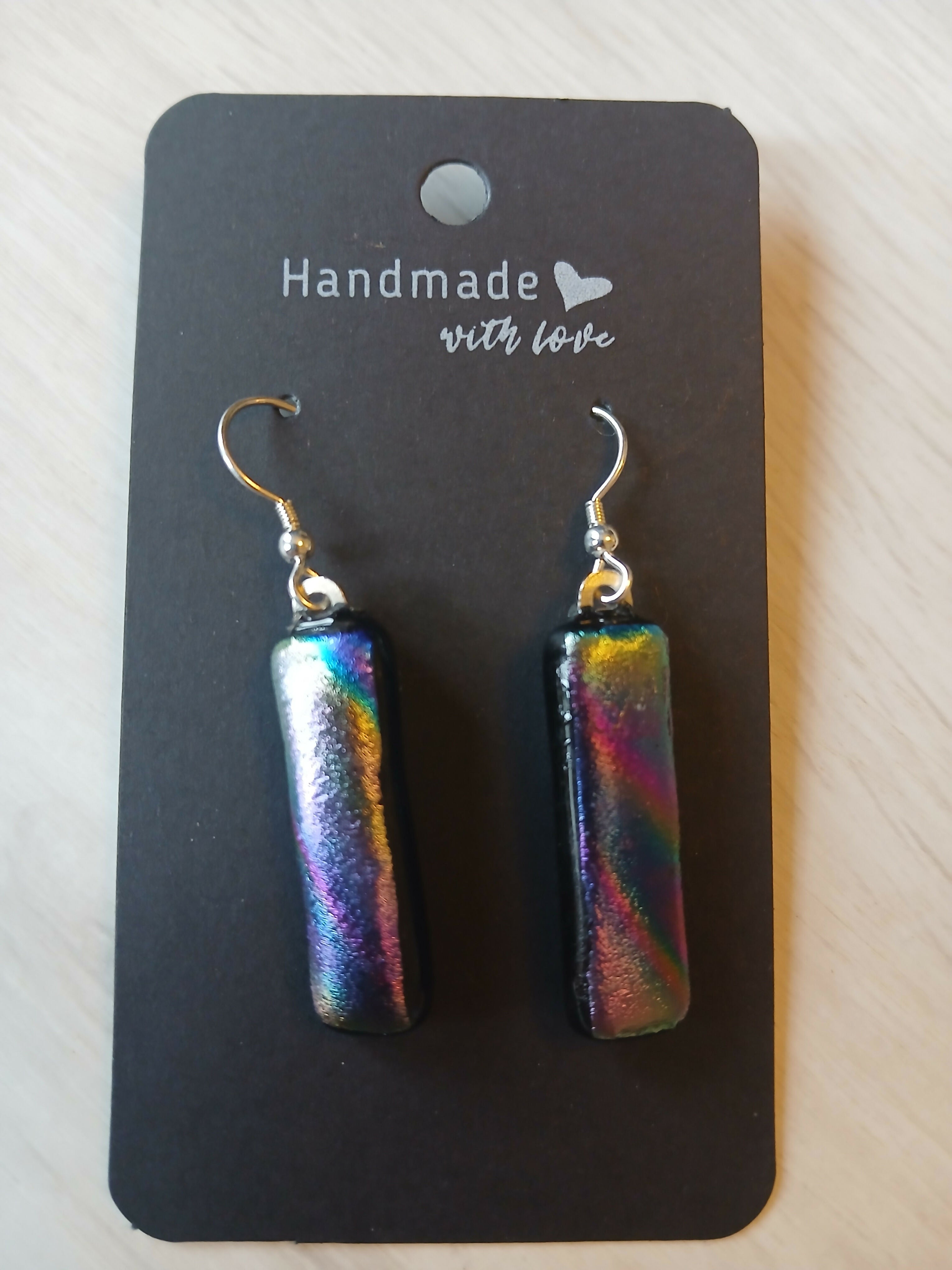 Fused Dichroic Glass Earrings in Rainbow With Sterling Silver Hooks