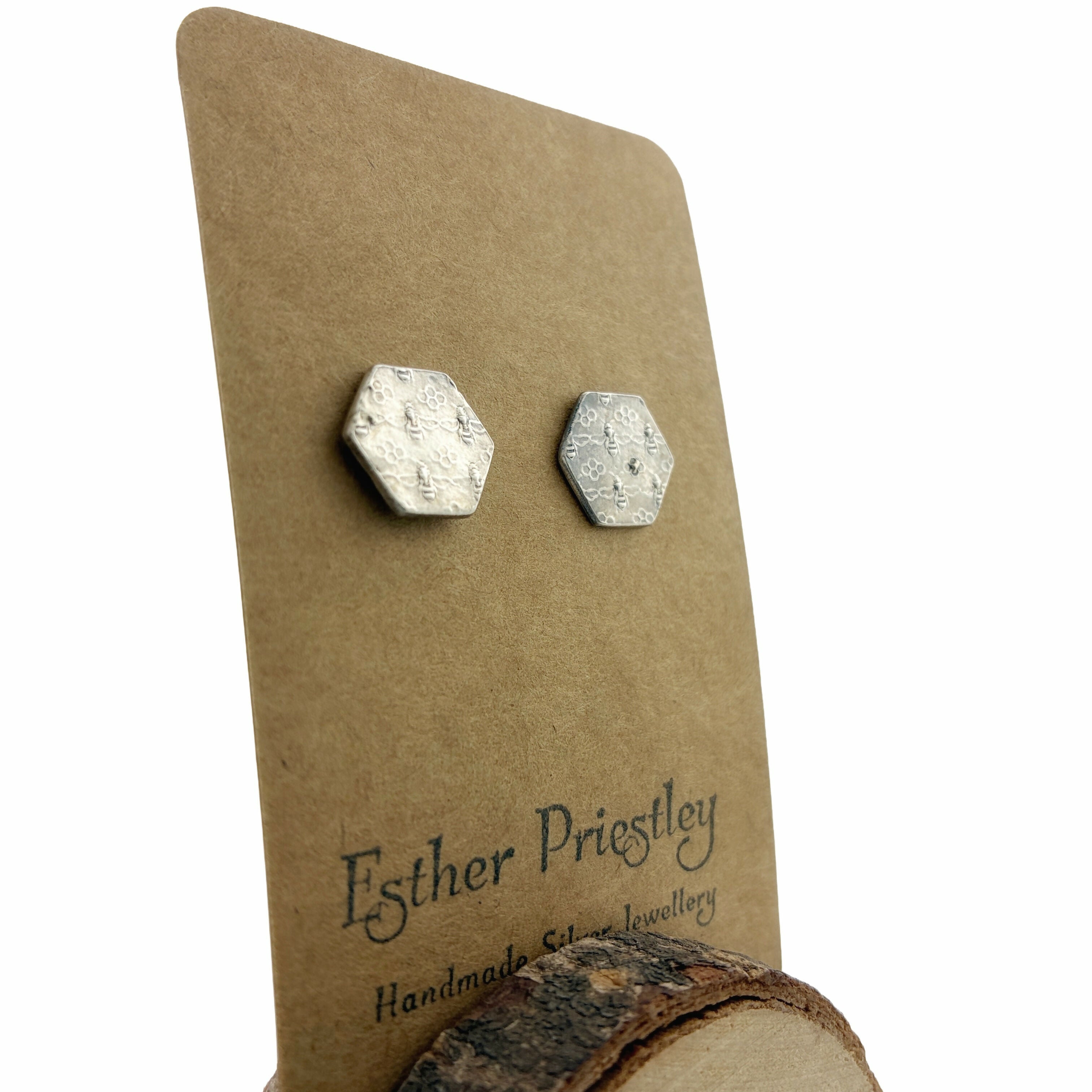 Silver Bee Hexagon Stud earrings -with sterling silver butterfly backs
