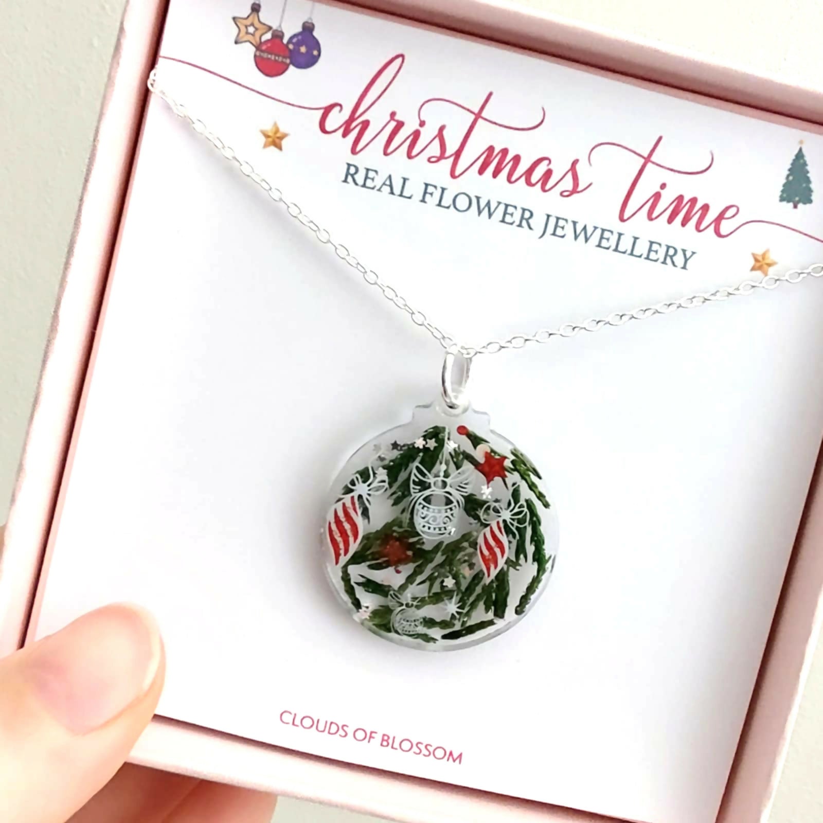Christmas Bauble Real Leaf Necklace Silver Plated