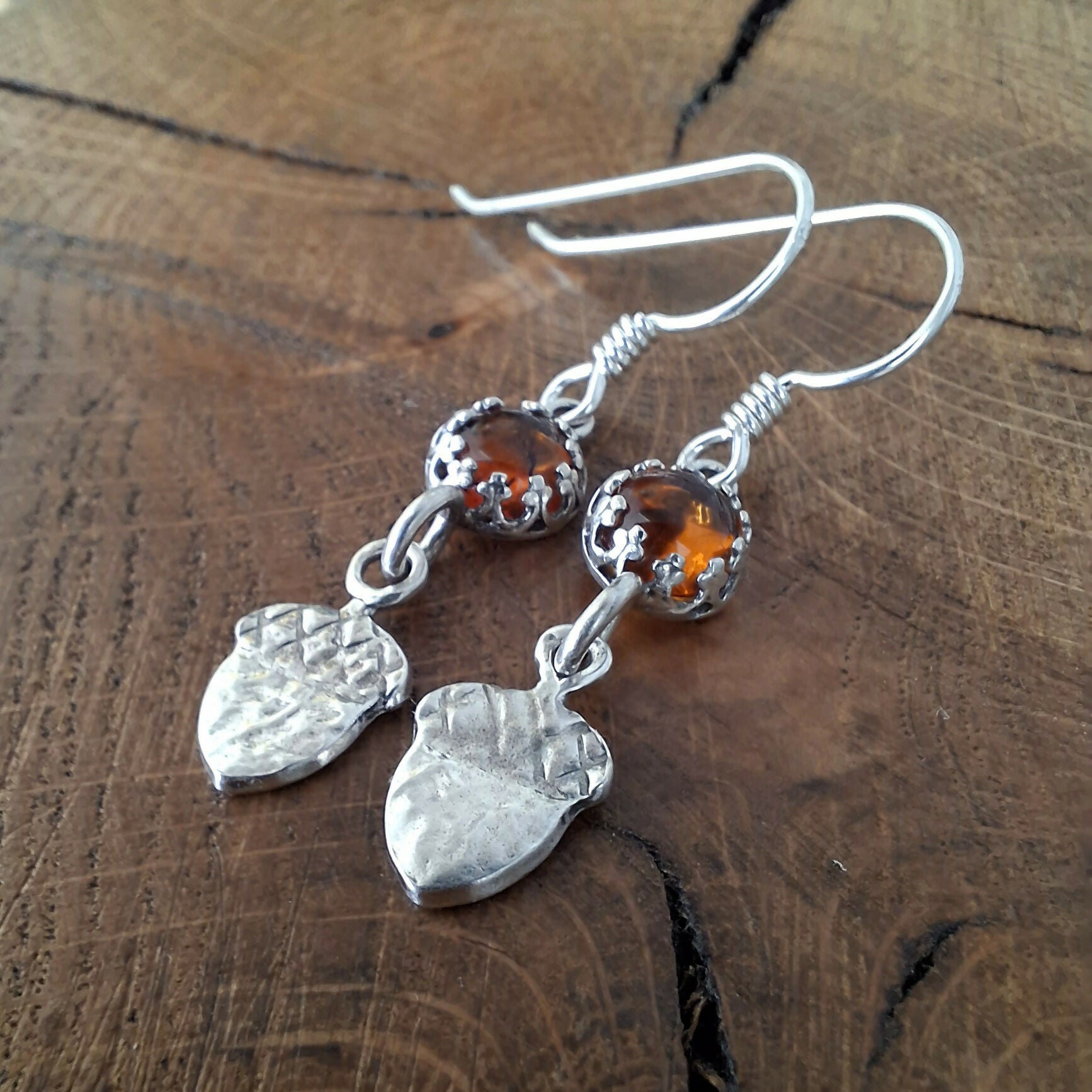 Handmade Silver Acorn Earrings With Amber