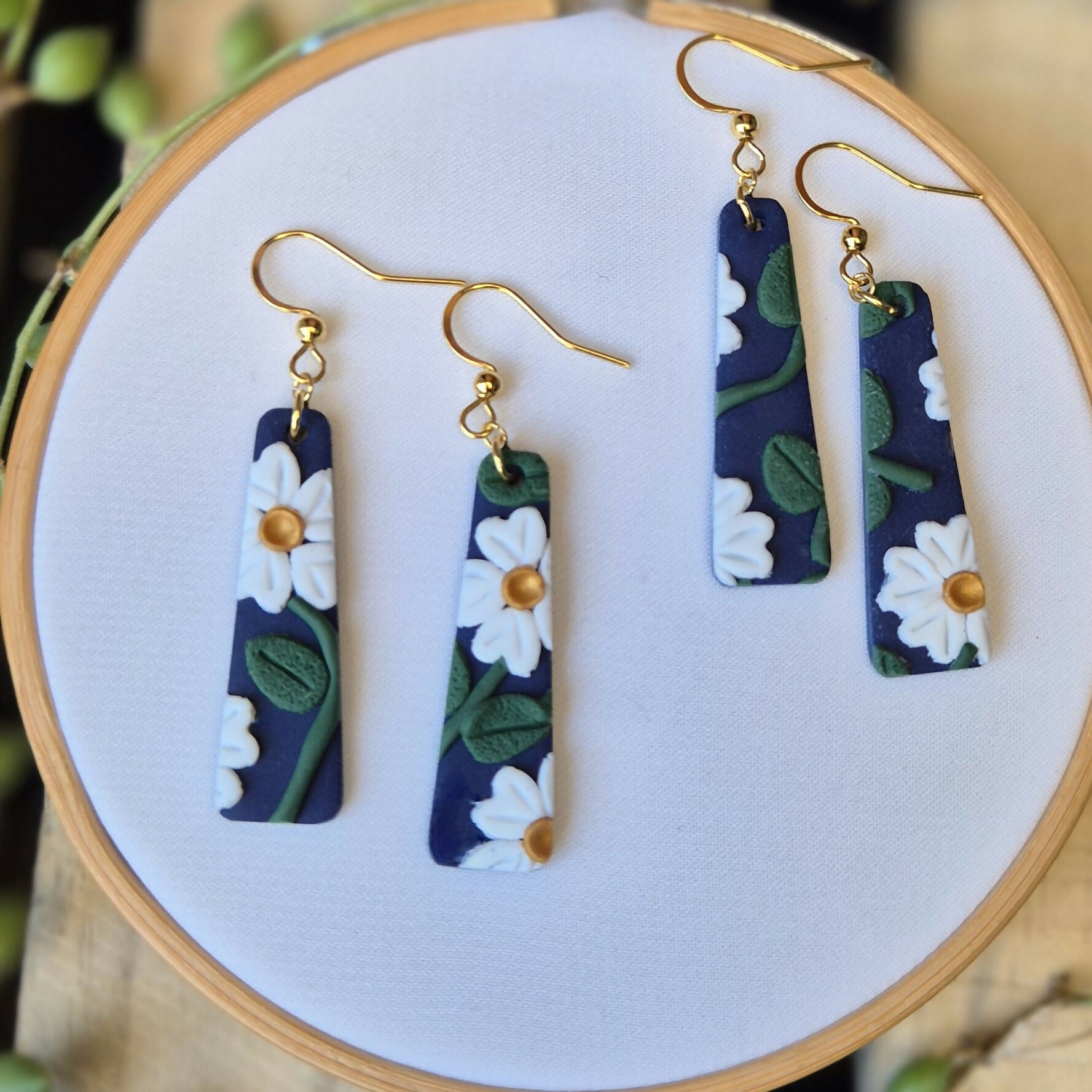 White Flower On Navy Trapezoid Dangle Earrings