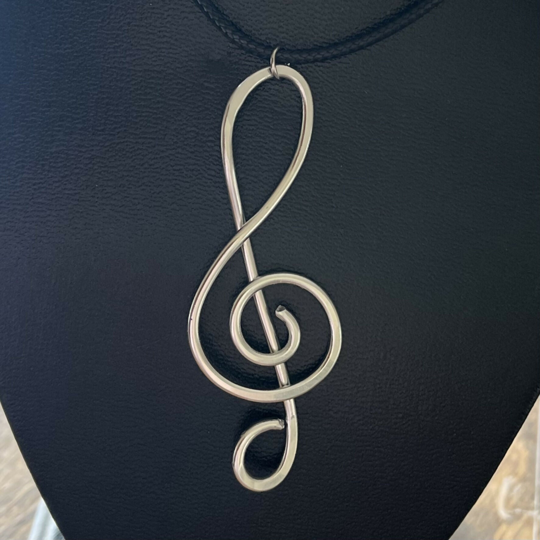 Treble Clef Music Note Aluminium Pendant Black Cord Necklace