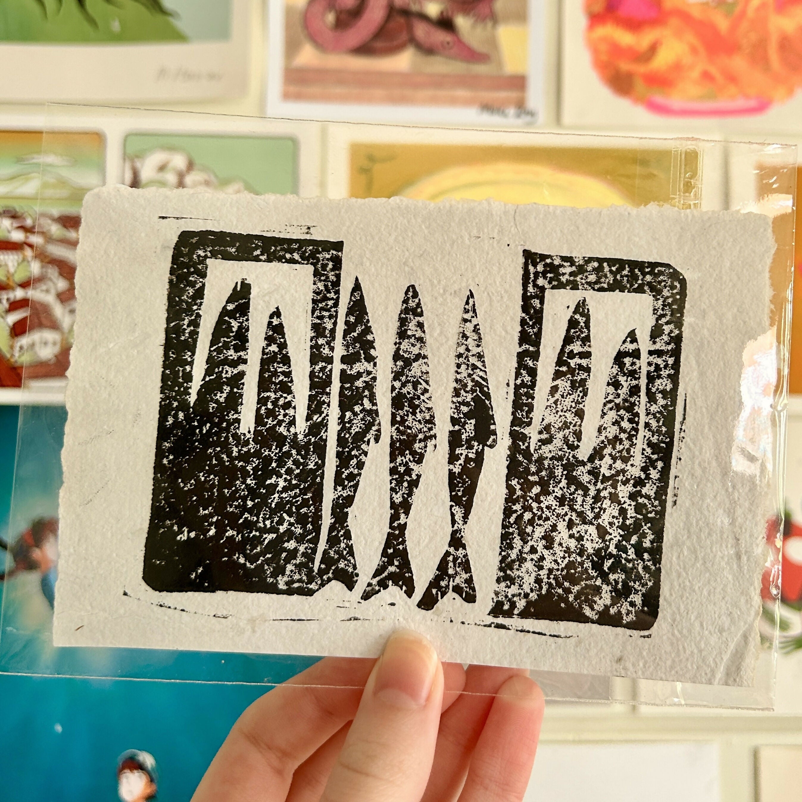 A6 Lino Print 'Sardines'