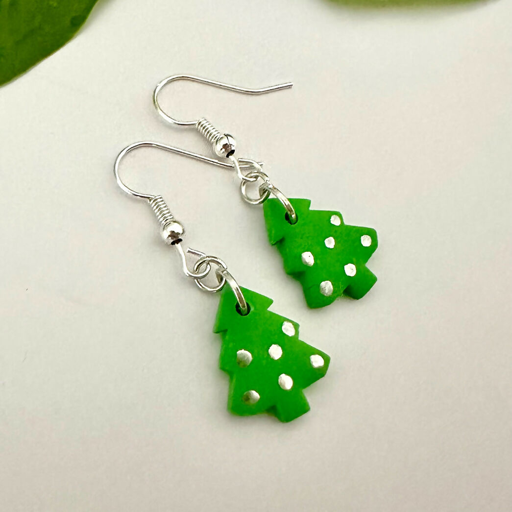 Christmas Tree Micro Dangle Earrings - Handmade Polymer Clay - Polly Plant