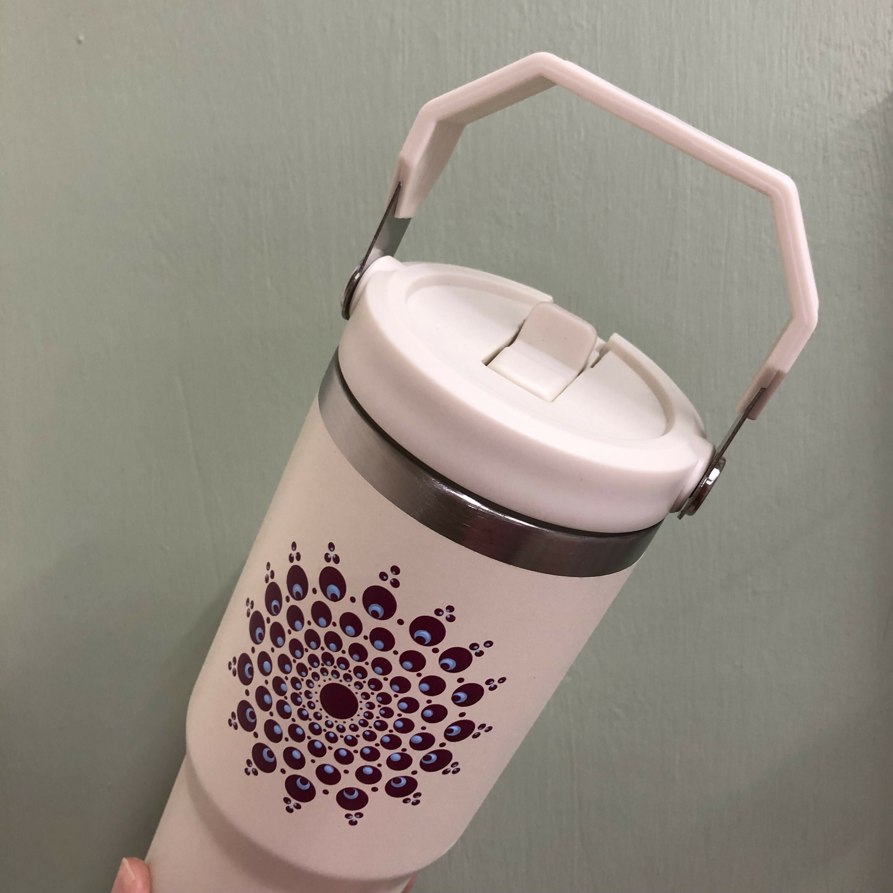 Hand Painted Dot Mandala Thermal Water Bottle with Handle: Cream with Burgundy and Baby Blue