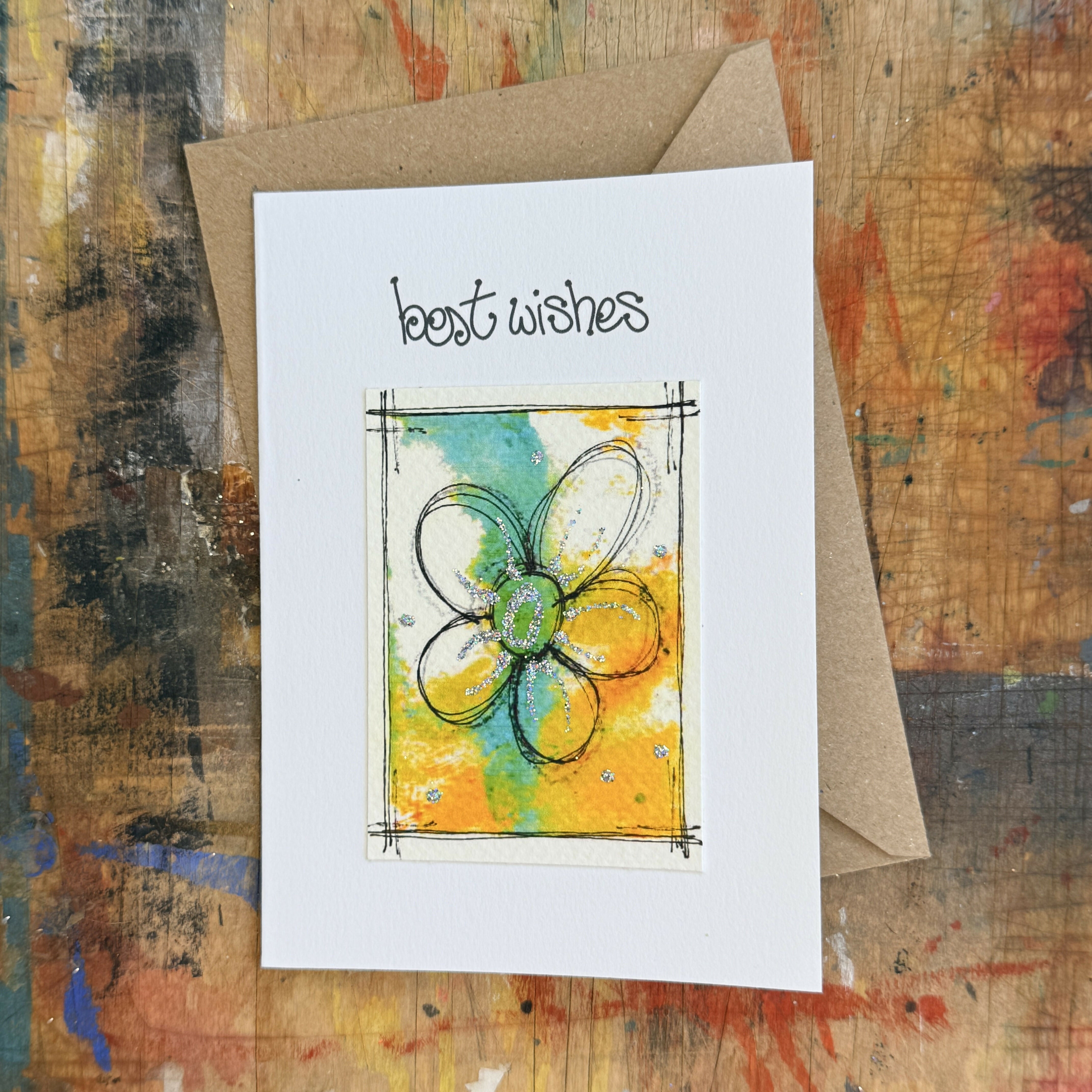 Abstract Sparkle Flower Best Wishes Card in Yellow