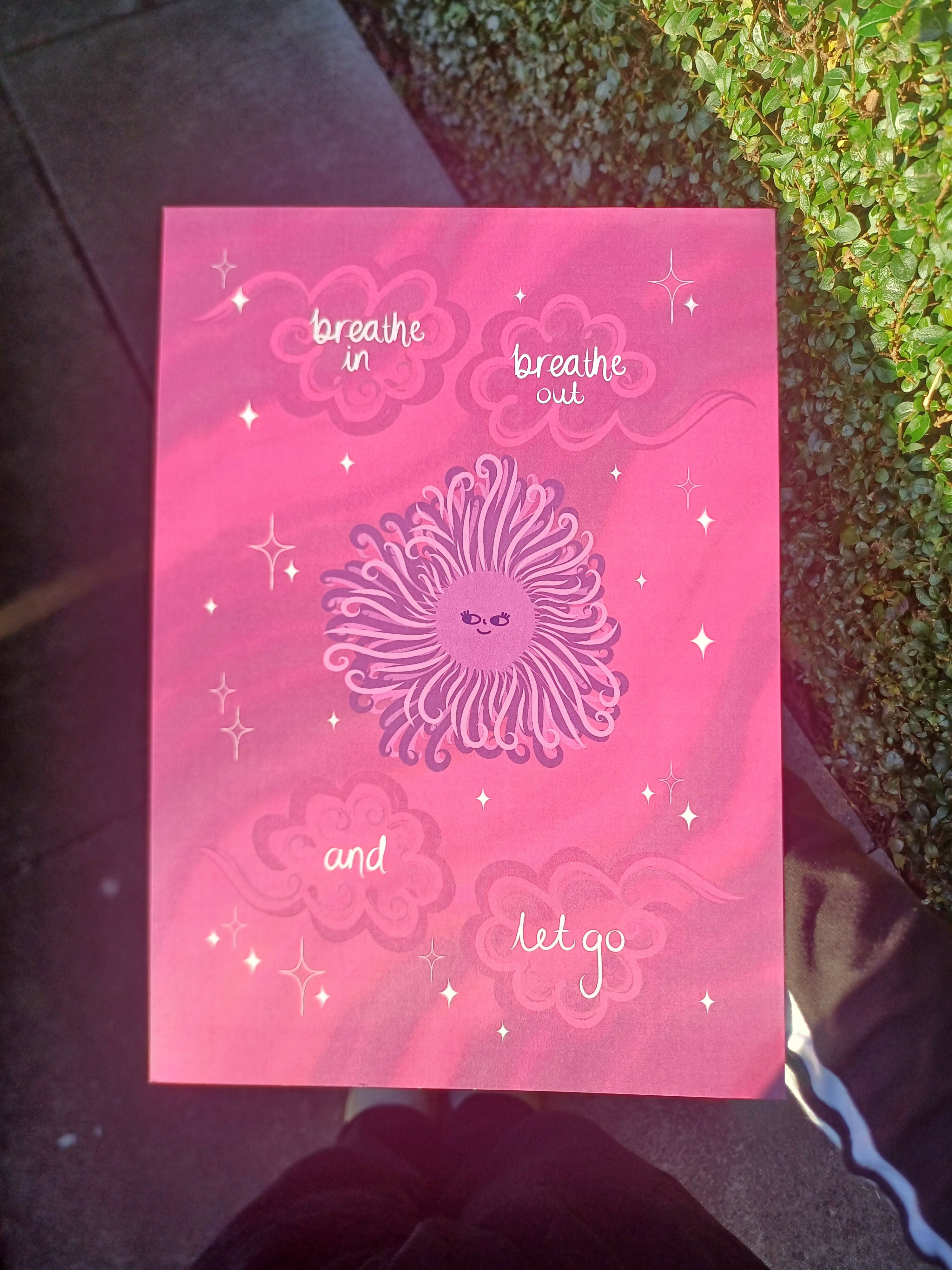 Breathe In Breathe Out and Let Go | Mindfulness Print | Mantra Artwork | A5 Pink