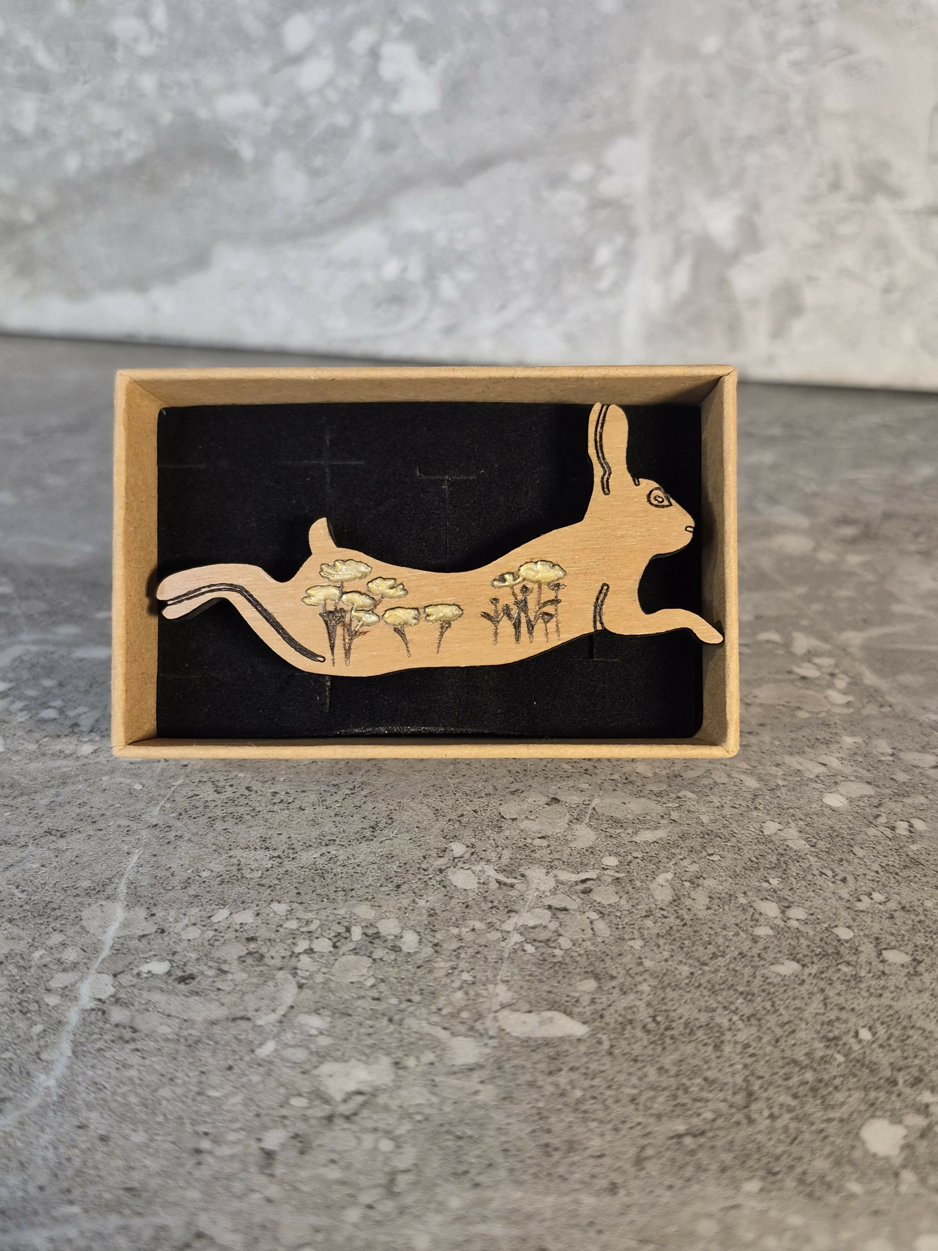 Handcrafted Cherry Veneered Leaping Hare Pin