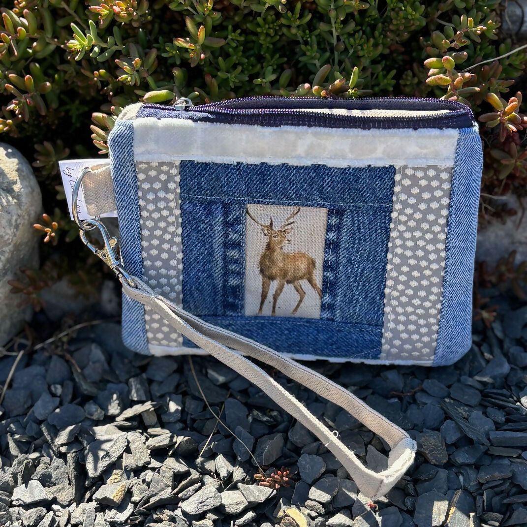 Unique Handcrafted Patchwork Purse Wristie Made From Upcycled Jeans And Animal Print Fabric