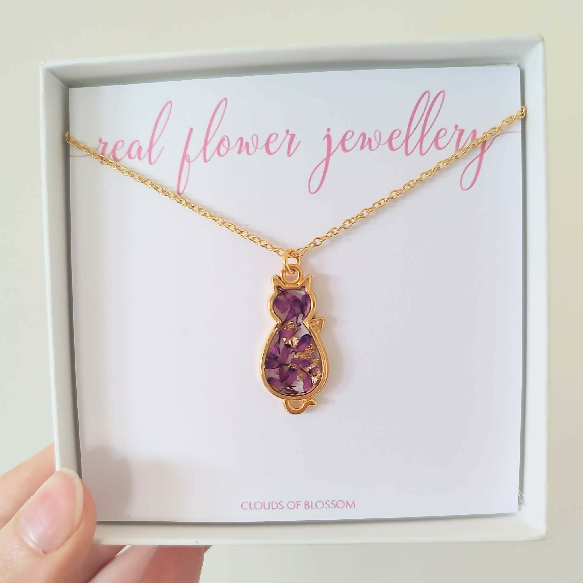 Real Flower Cat Purple Petal Necklace Gold Plated