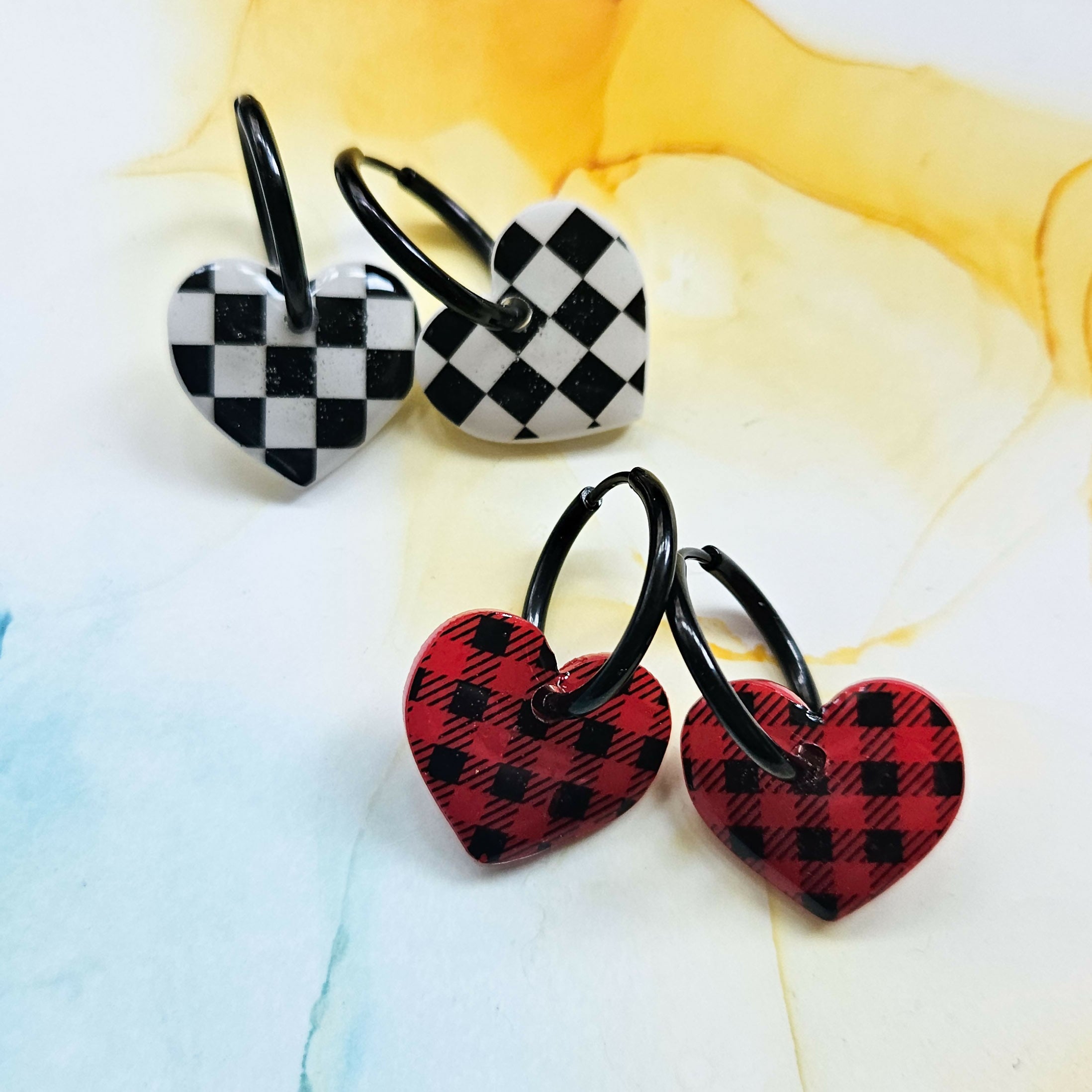 Handmade Red Tartan Or White Black Checked Heart Resin Charms On Black Hoops