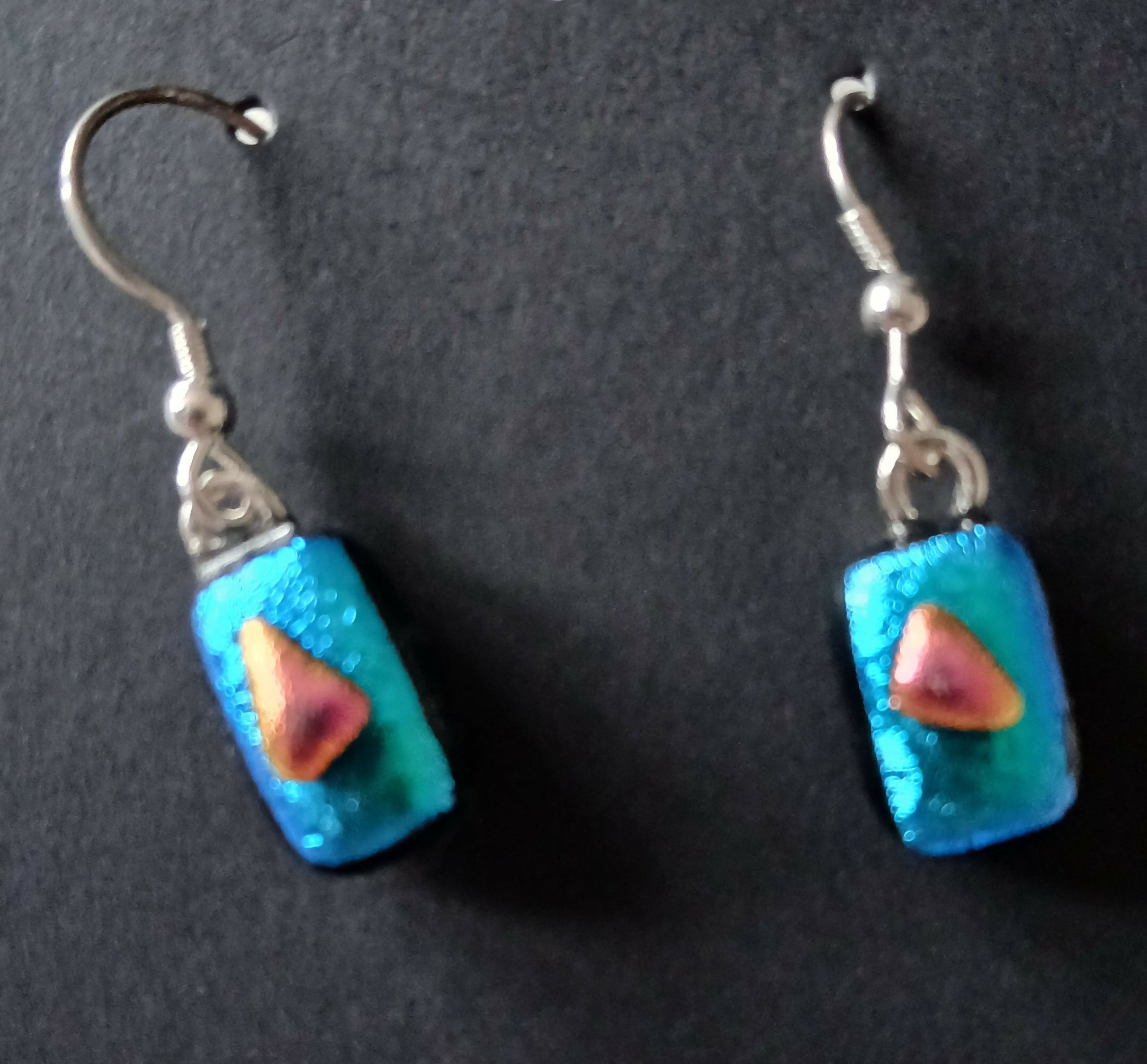 Fused Dichroic Glass Earrings in Green and Pink with Sterling Silver Hooks