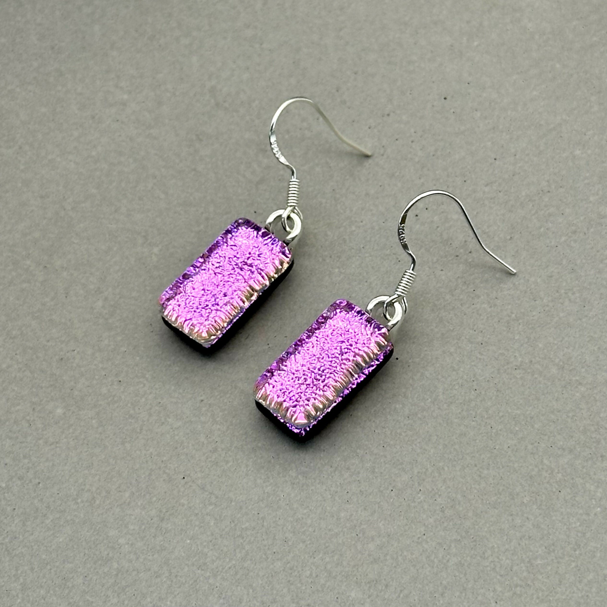 Pink Crackle Dichroic Glass Necklace and Earrings Set - Sterling Silver, Handmade by Jade Tapson Glass