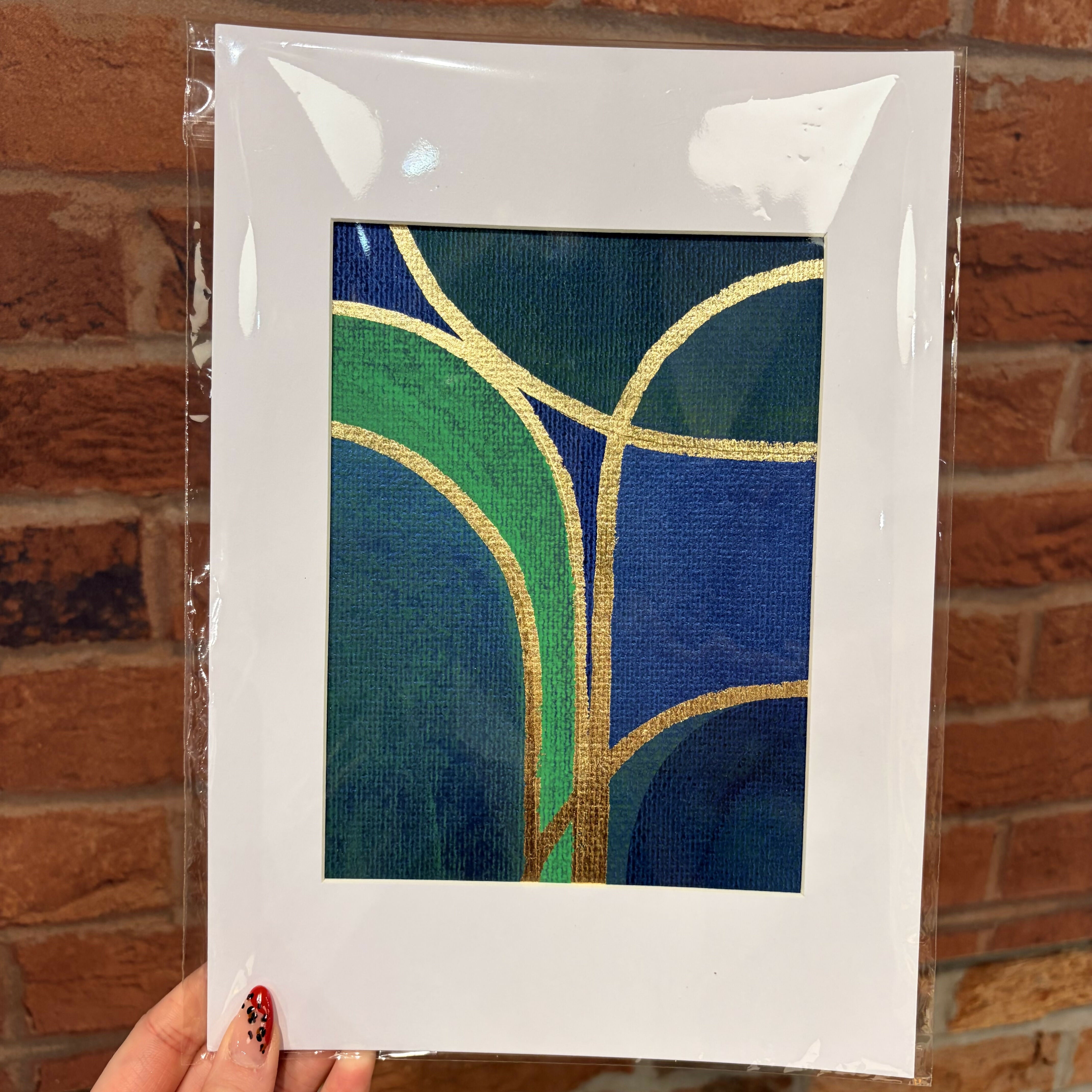 Green, Navy & Gold Abstract Print - A4 Mounted Print