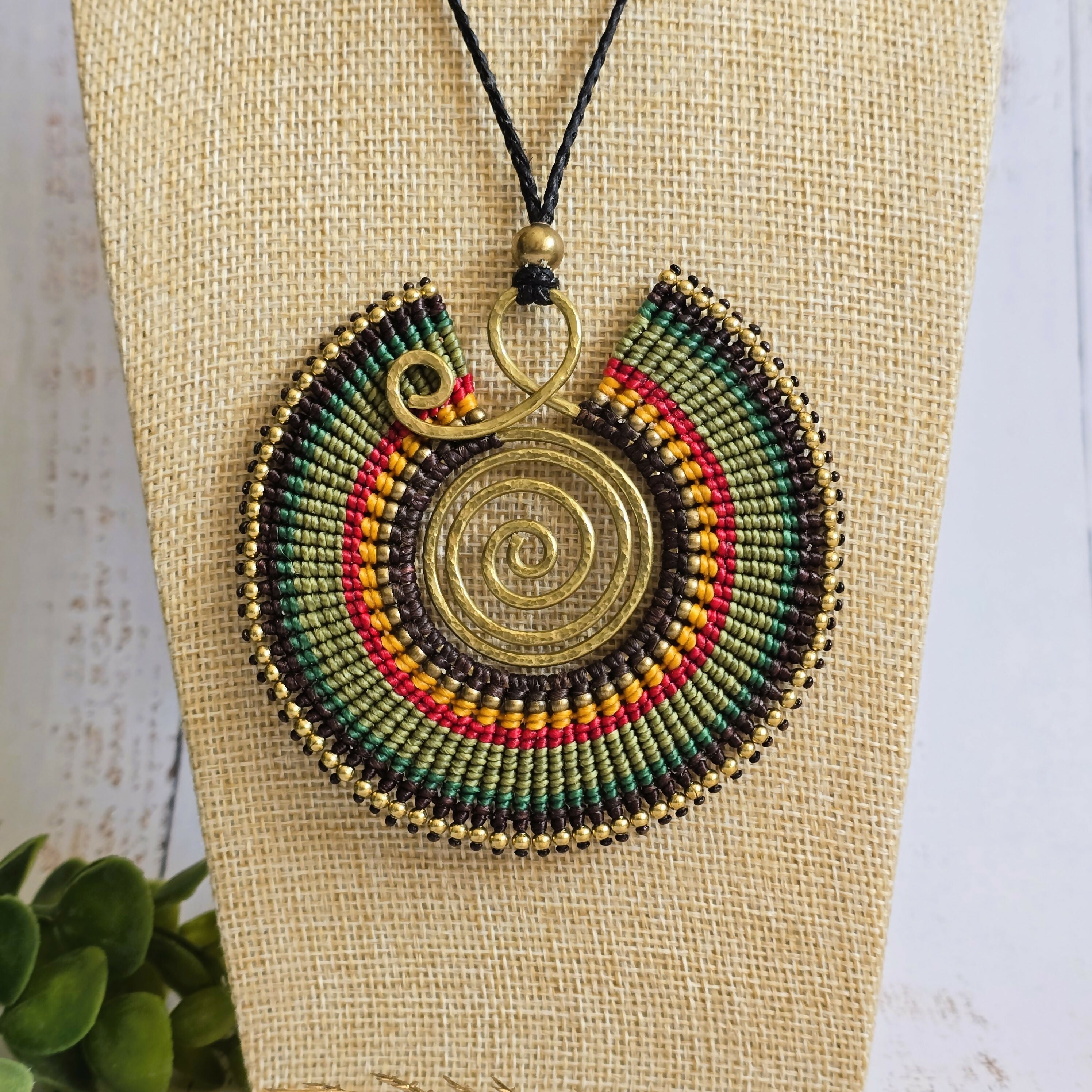 Large Green Macramé Necklace; Full Moon Boho Statement Pendant with Gold Spiral