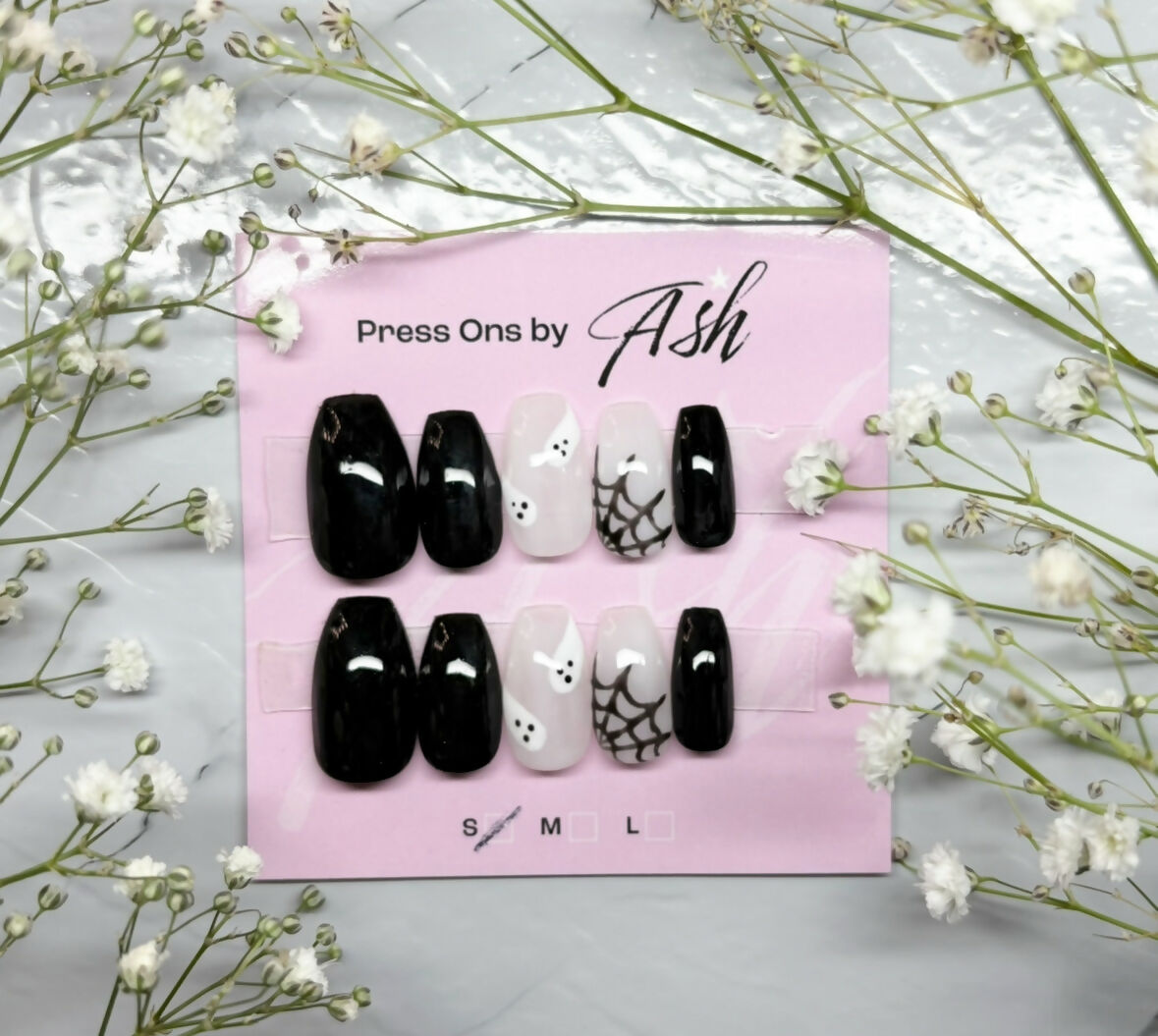Reusable Black Web And Ghost Handmade Press On Nails