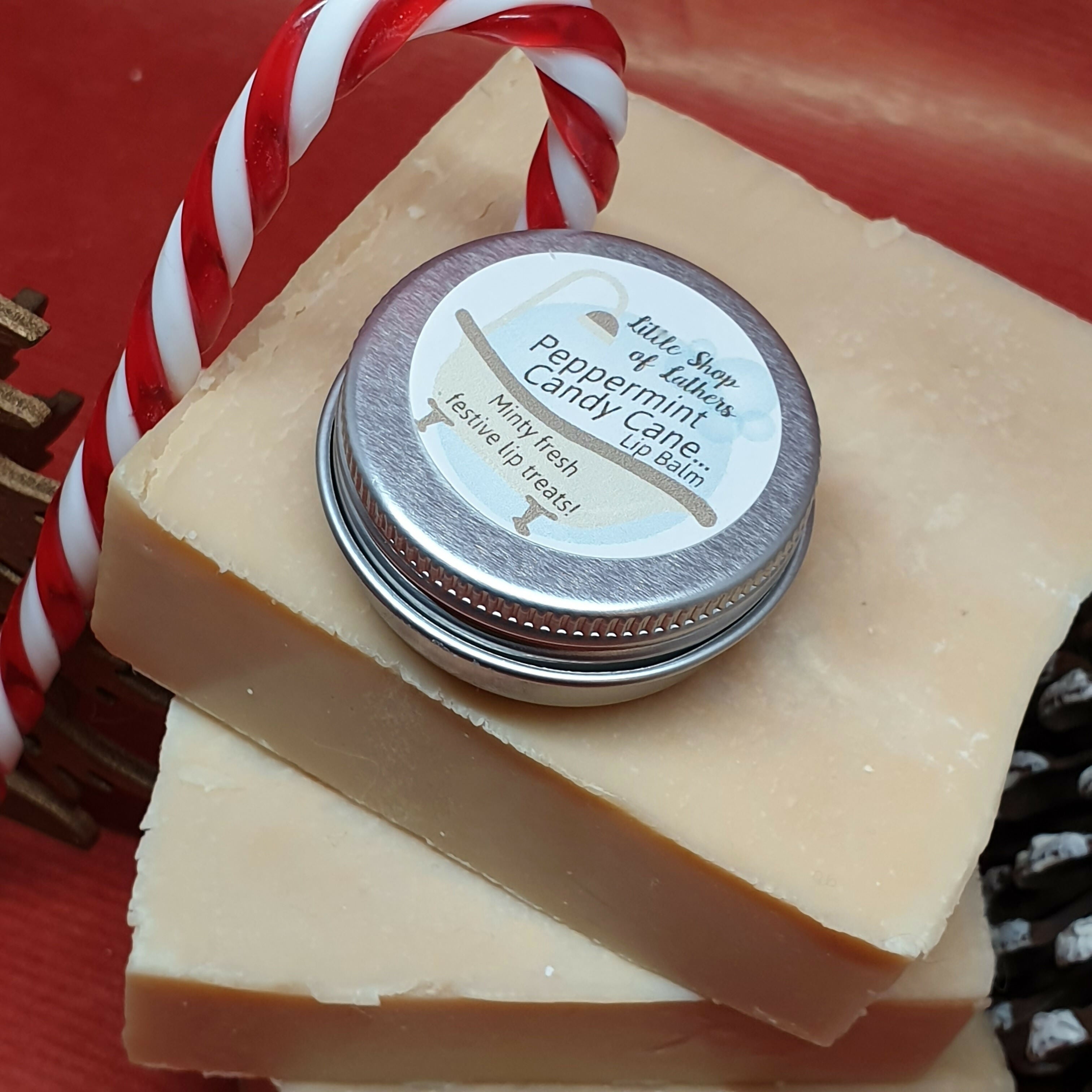 peppermint candy cane lip balm on soap