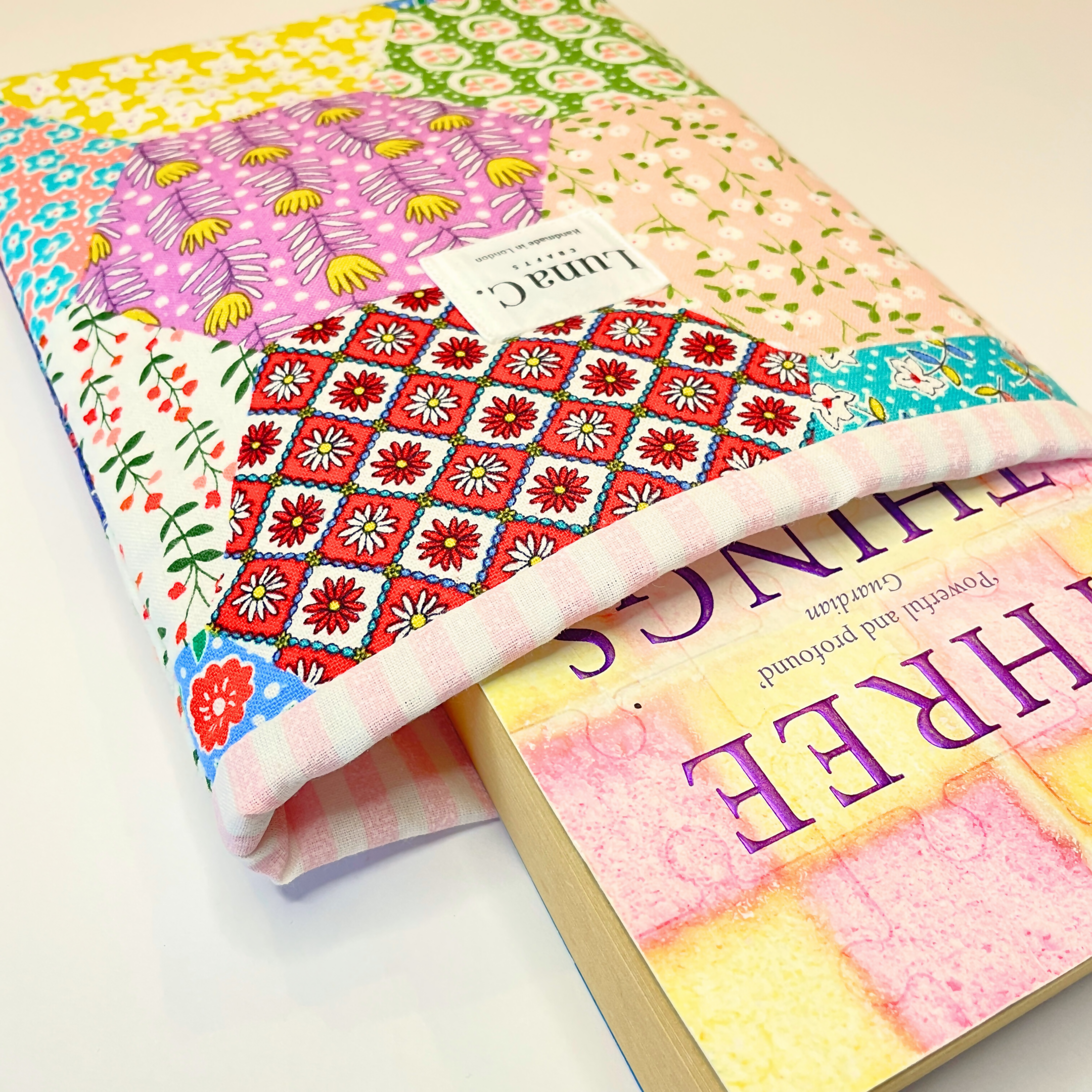 Multicolour Patchwork Pattern Pink Gingham Lining Book Sleeve