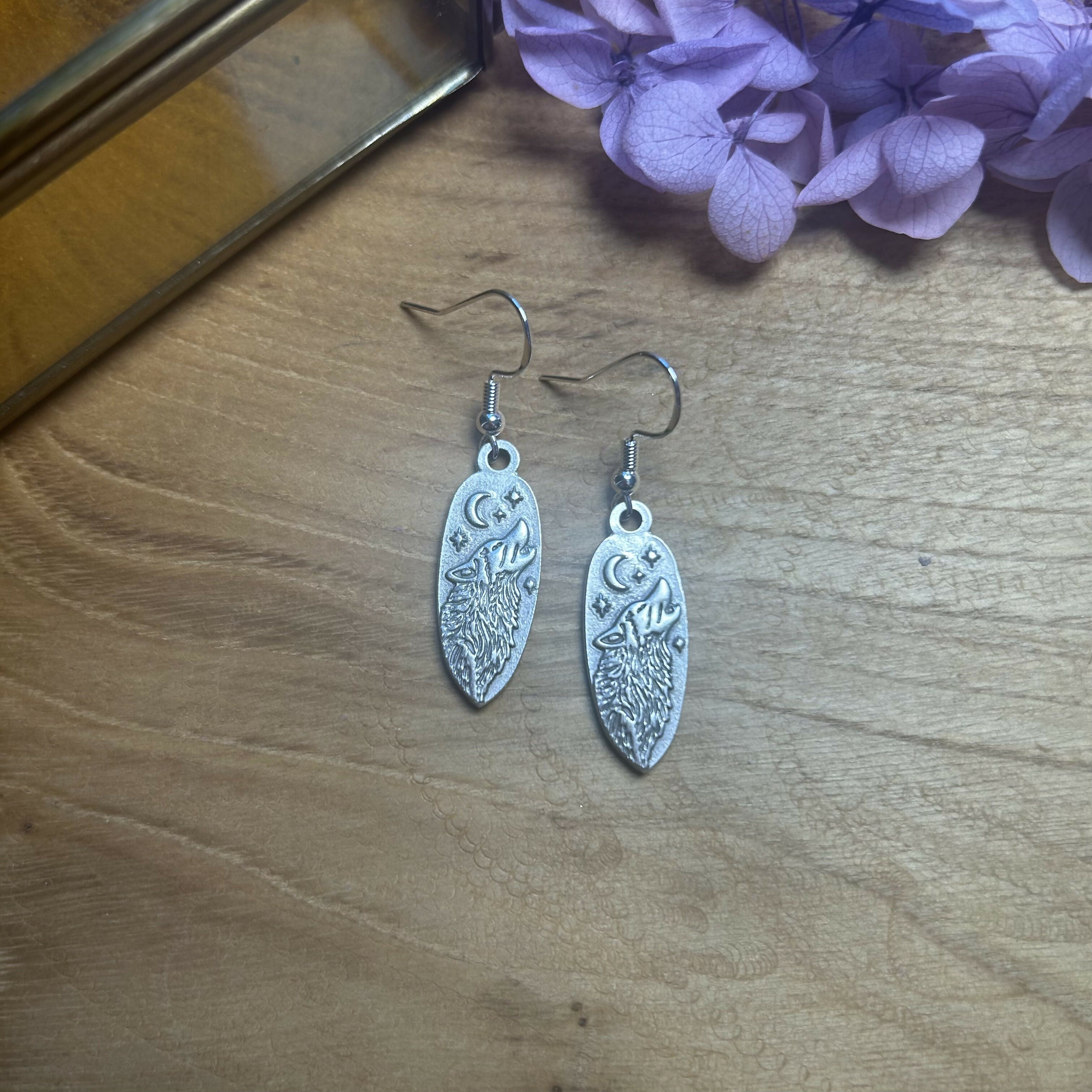 Lovely Wolf & Moon Charm Earrings